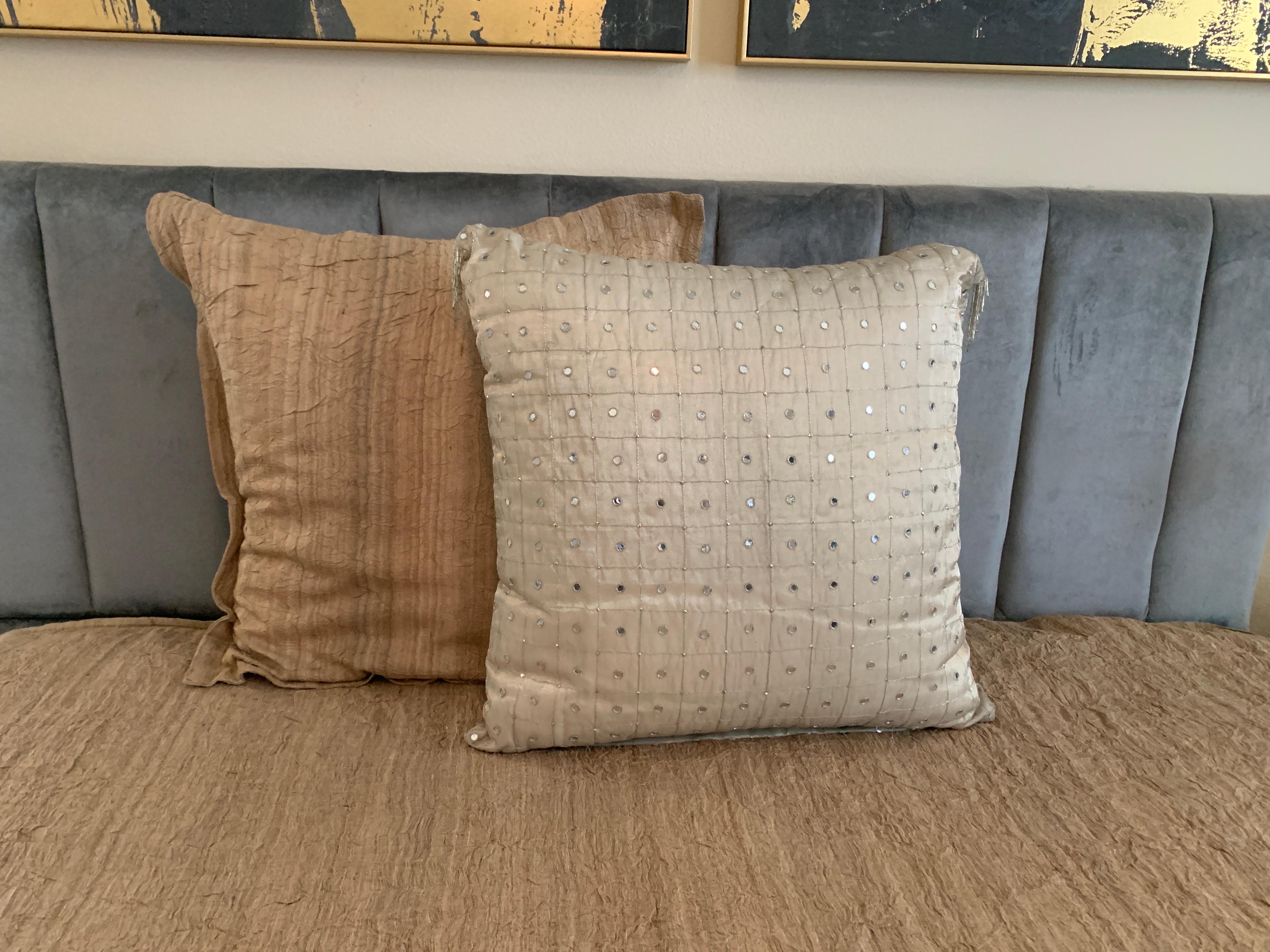 These amazing set of 2 Euro square pillows are part of a luxe bedroom ensemble that cost over $8500. We broke down the ensemble and selling buy individual single pieces, or pairs when appropriate. The set was made by hand, piece by piece by a