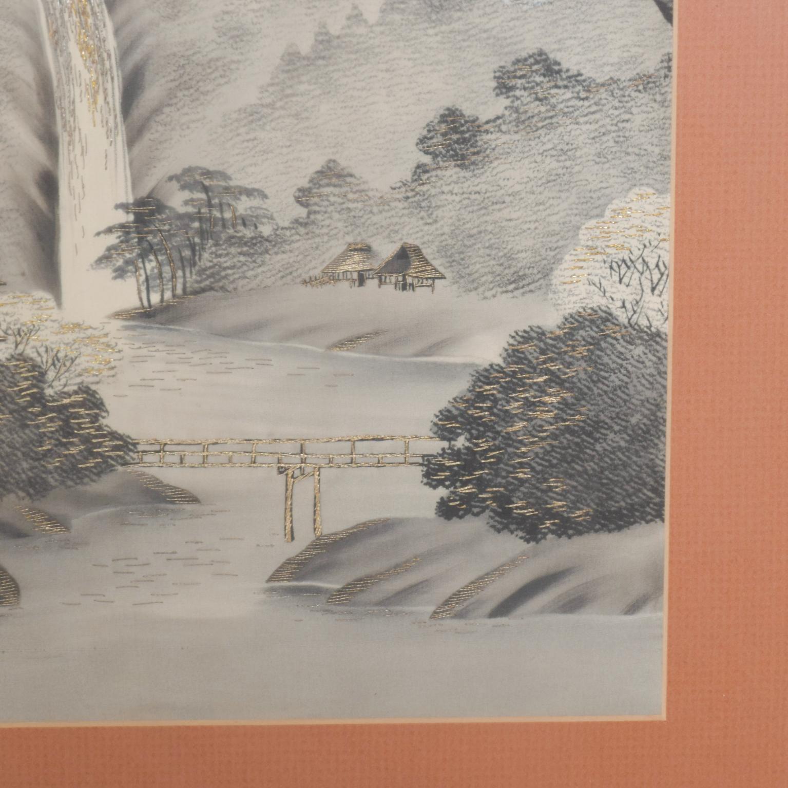 American 1960s Pair of Silk Embroidery Paintings Asian Landscape Art