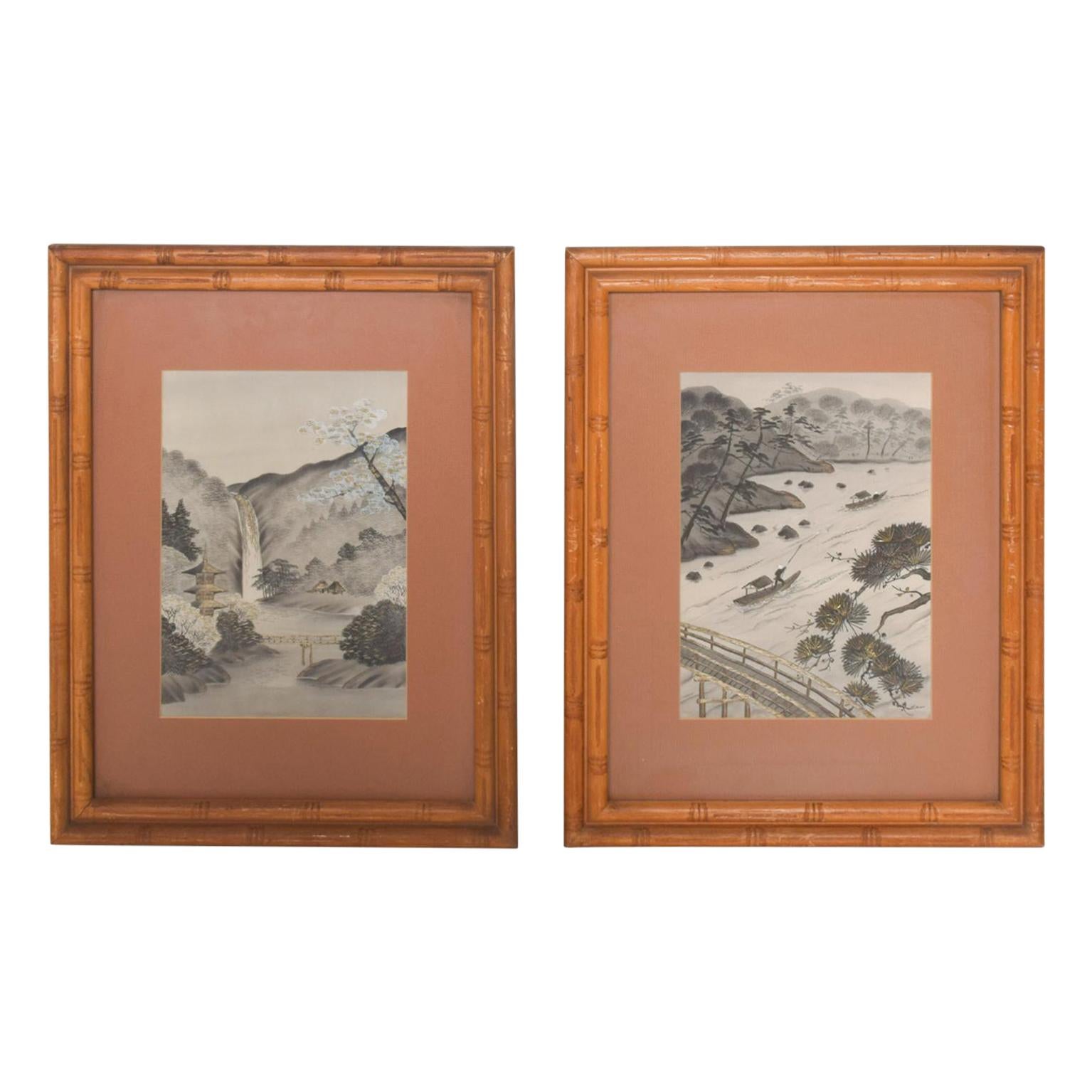 1960s Pair of Silk Embroidery Paintings Asian Landscape Art