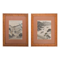 1960s Pair of Silk Embroidery Paintings Asian Landscape Art