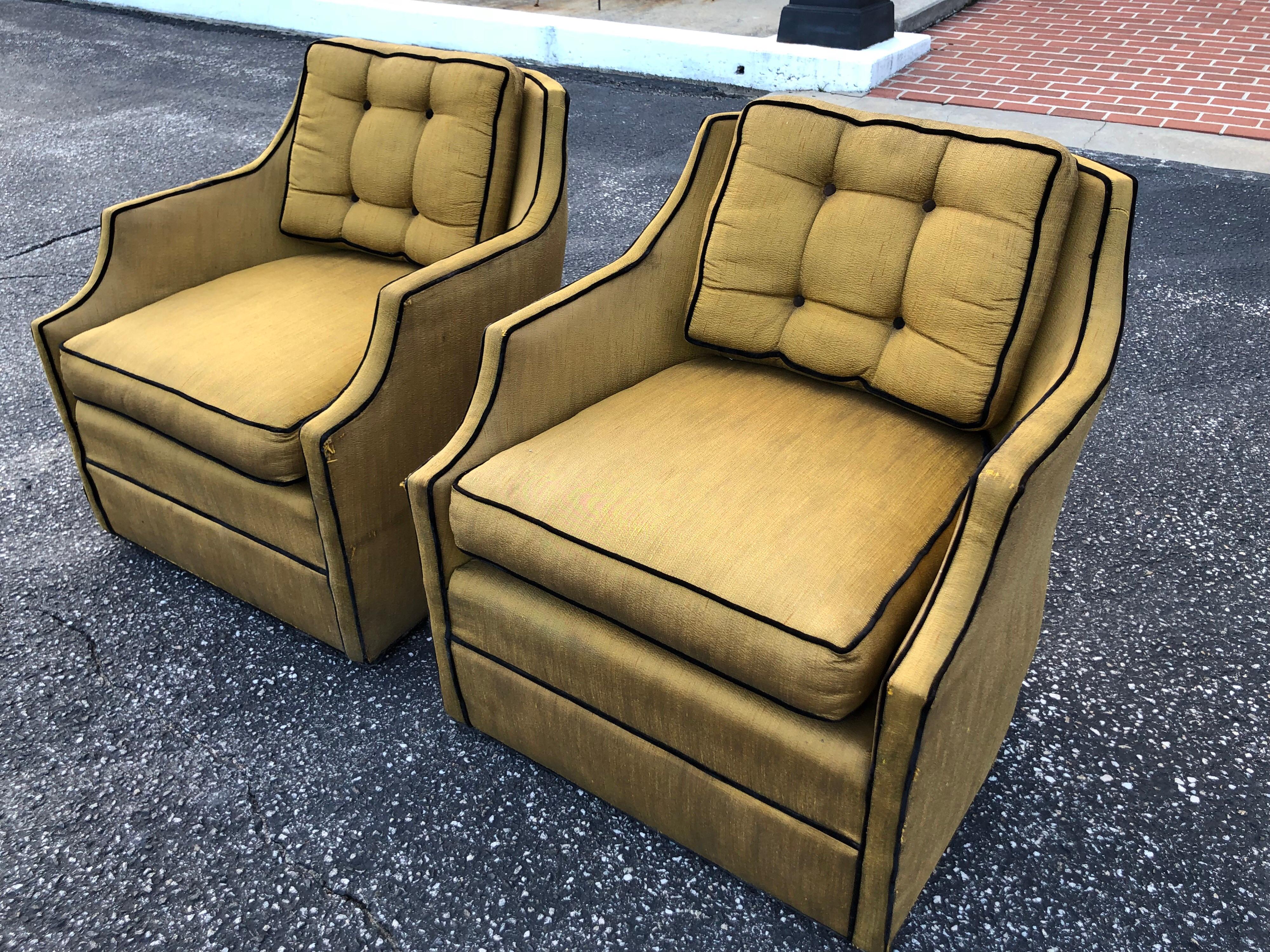 Pair of Silk Hollywood Regency Swivel Chairs 6