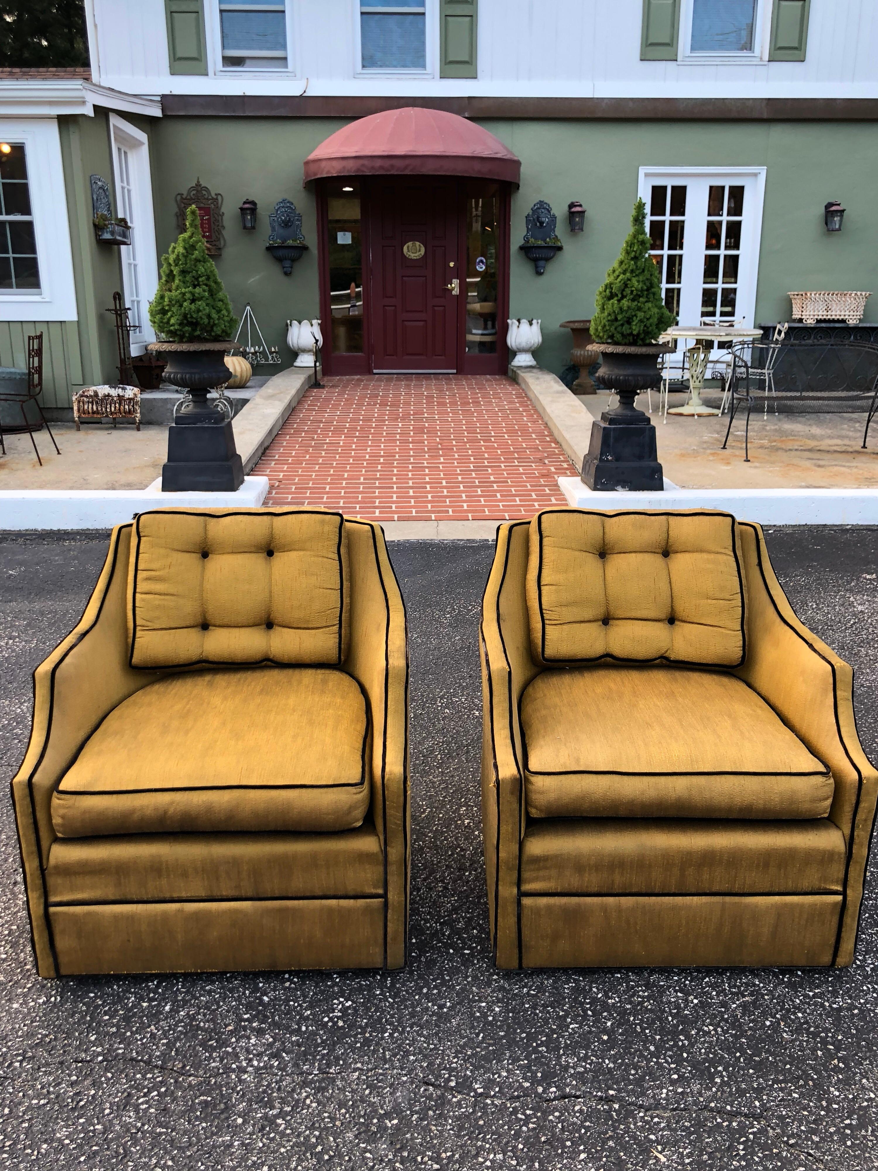 Pair of Silk Hollywood Regency Swivel Chairs 7