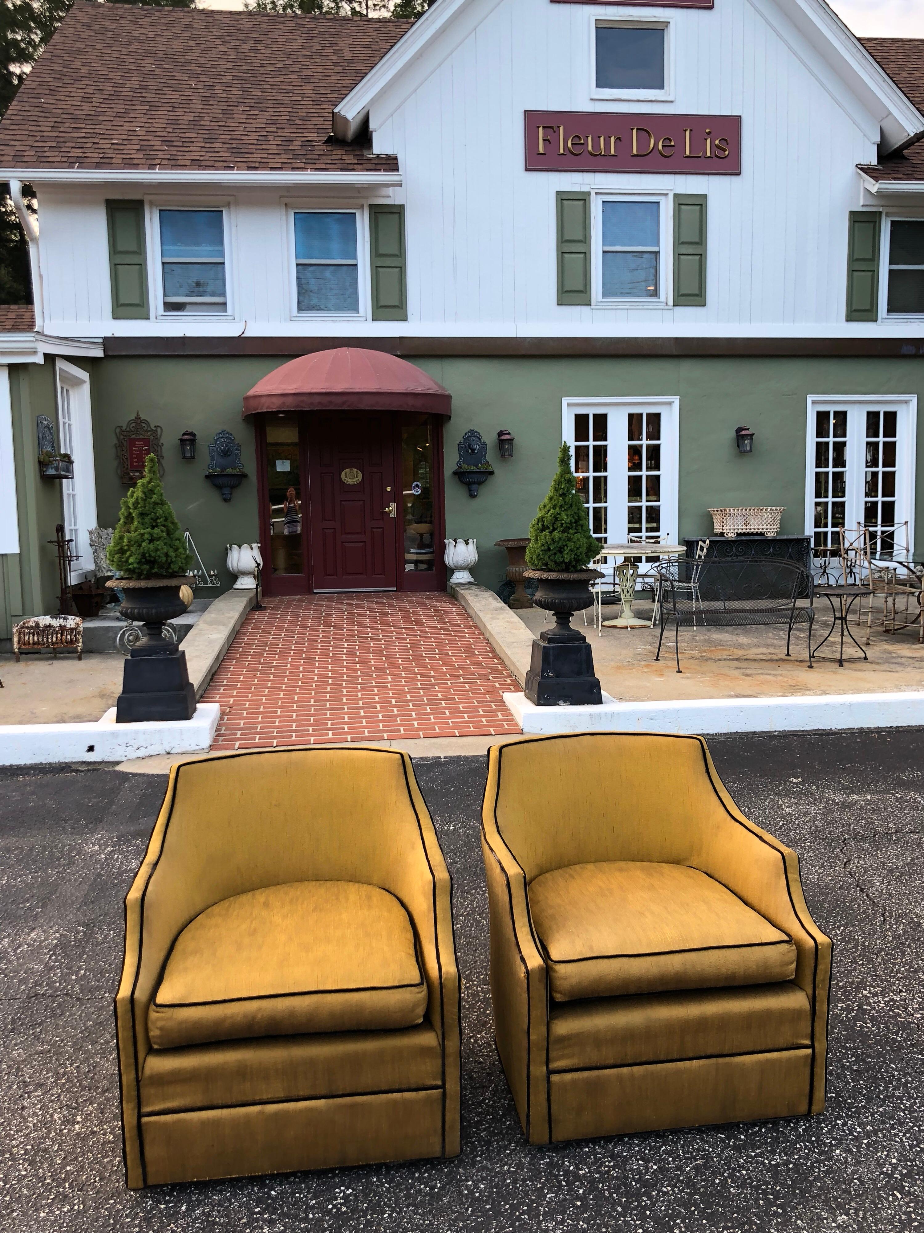 Pair of Silk Hollywood Regency Swivel Chairs 13