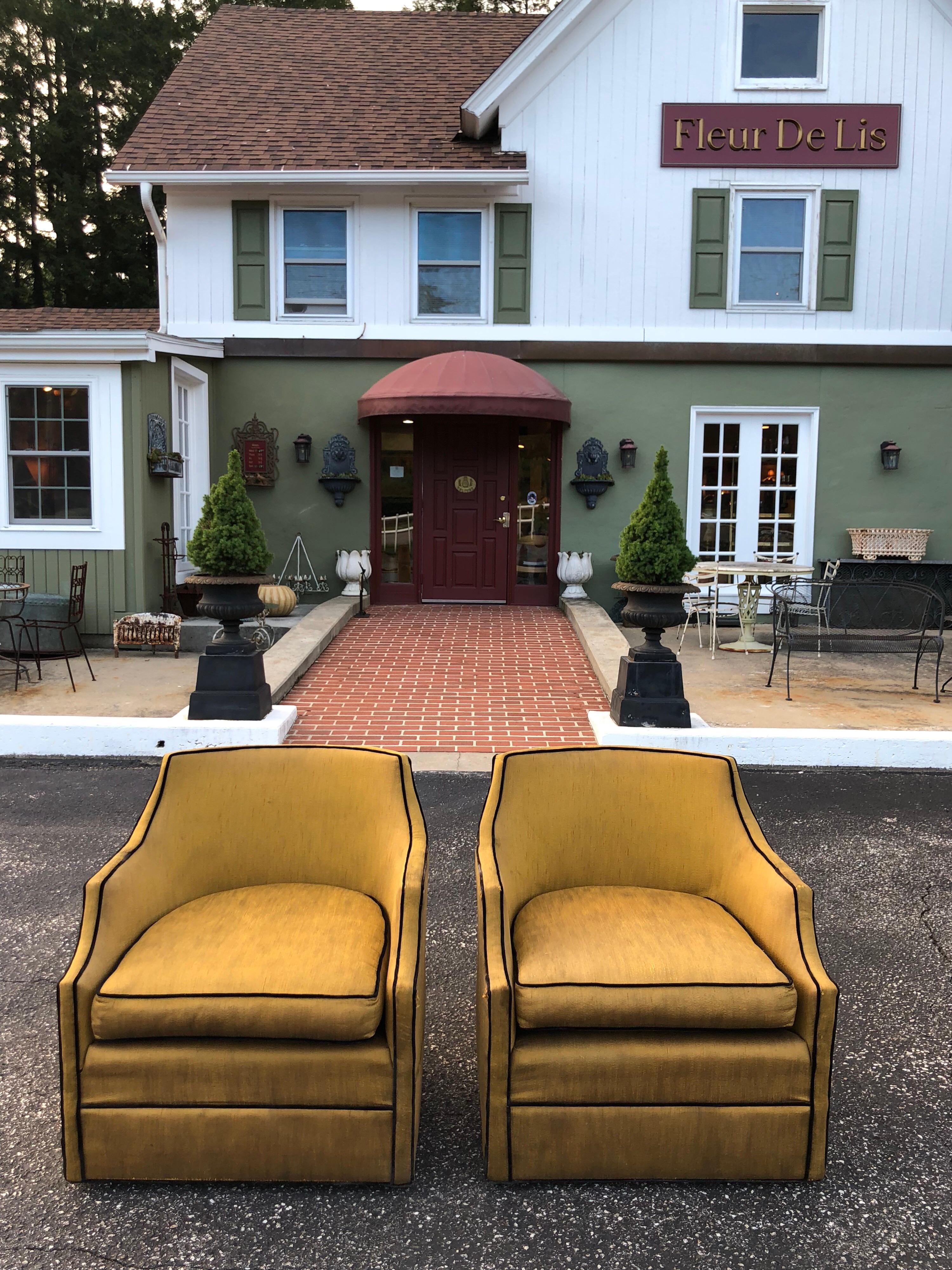 American Pair of Silk Hollywood Regency Swivel Chairs