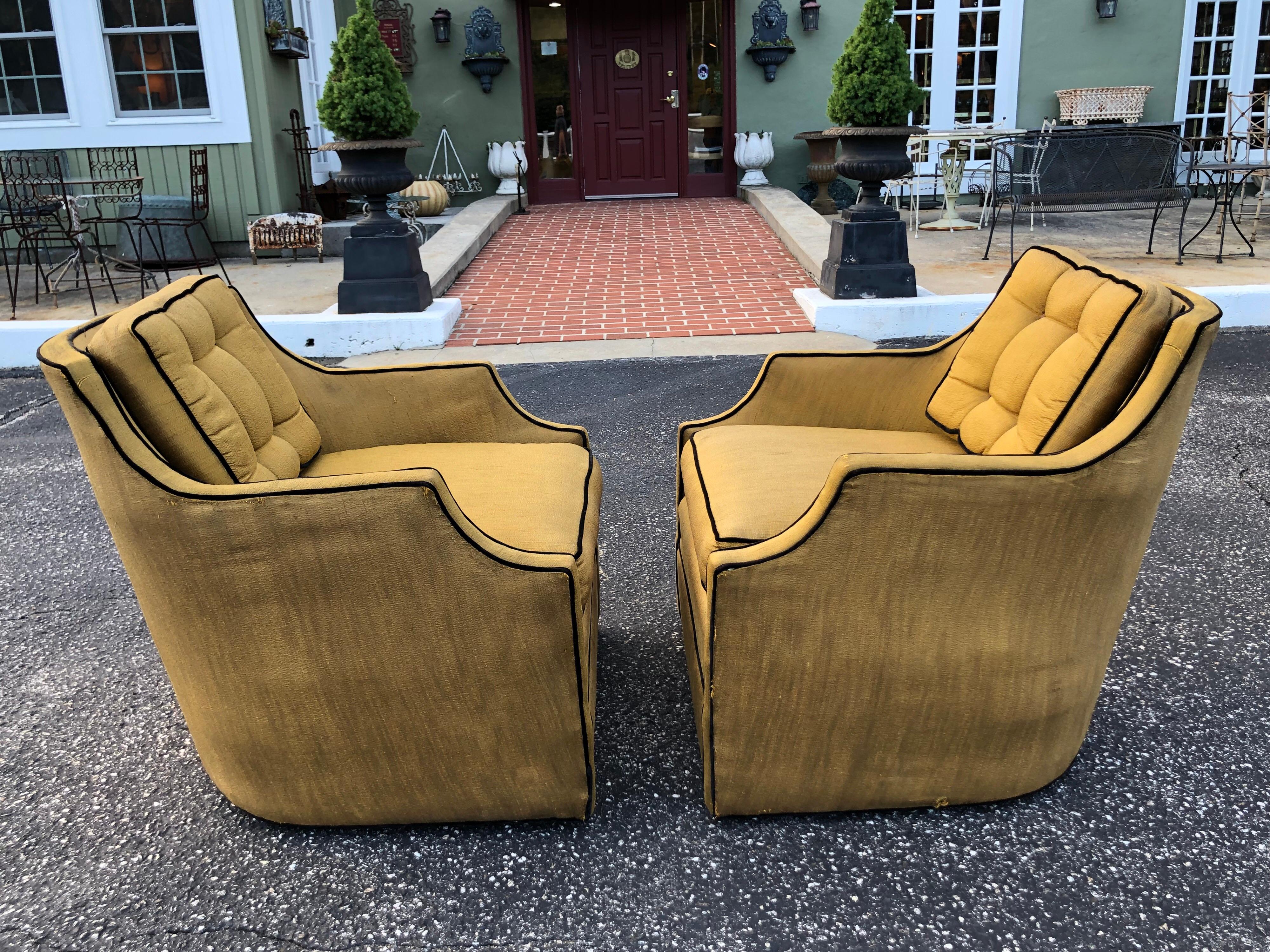 Upholstery Pair of Silk Hollywood Regency Swivel Chairs