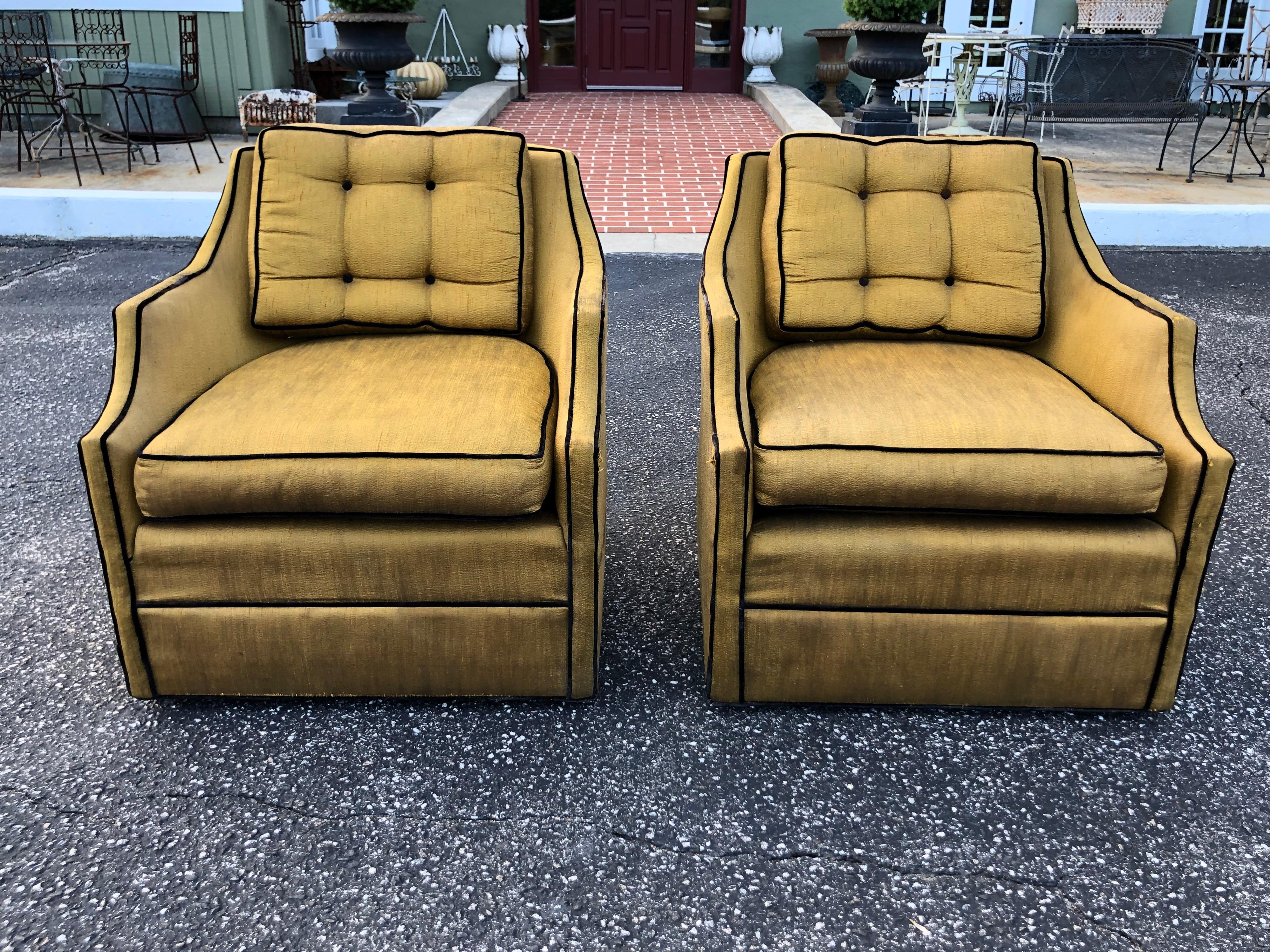 Pair of Silk Hollywood Regency Swivel Chairs 3