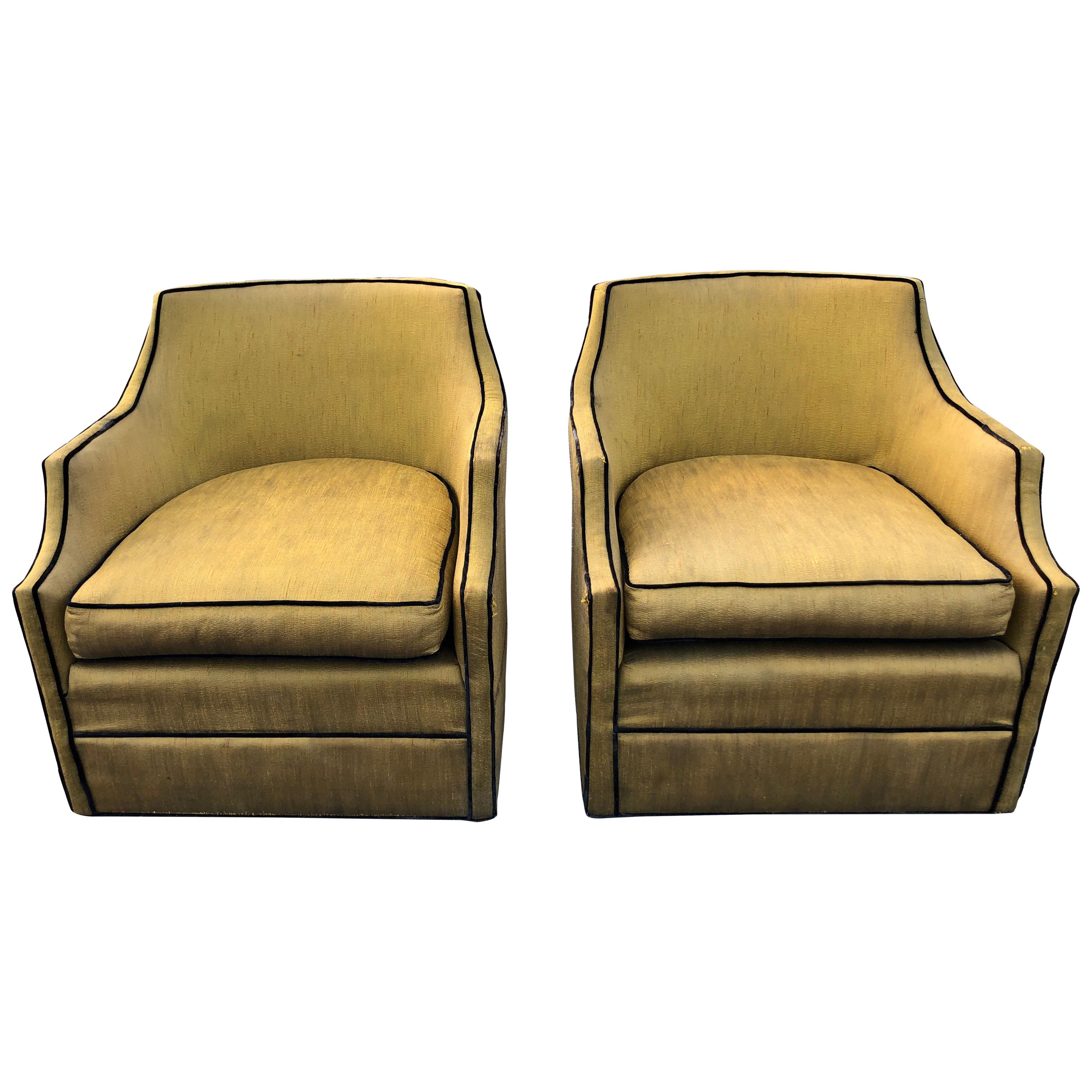 Pair of Silk Hollywood Regency Swivel Chairs