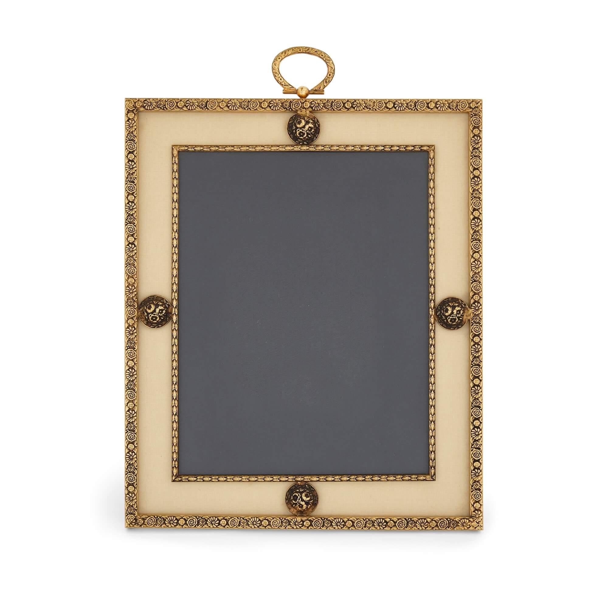 Neoclassical Pair of Silk Mounted Gilt Metal Picture Frames by Puiforcat of France