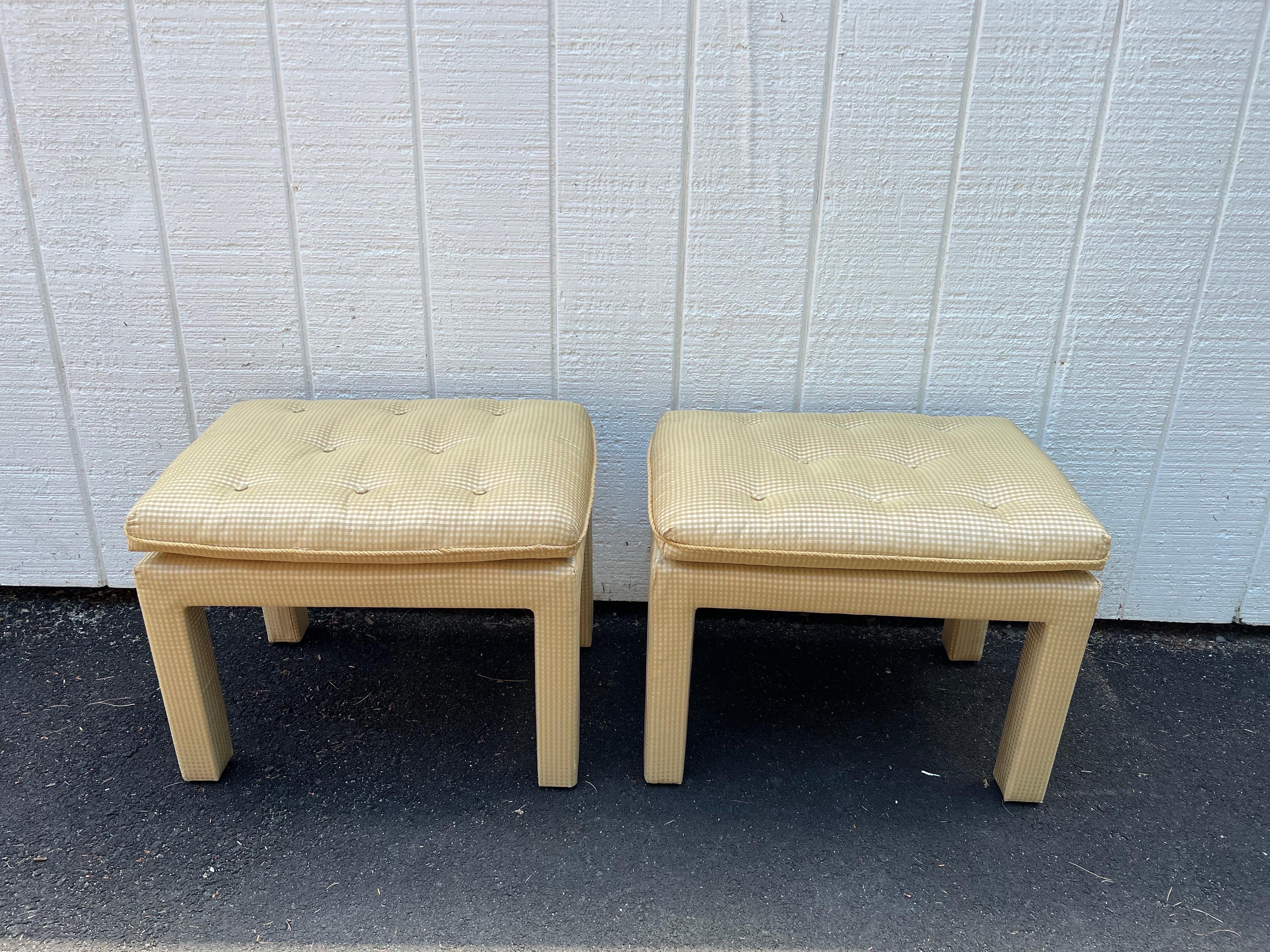 Pair of Silk Parson Ottomans or stools. Gingham silk upholstery covers the pair. very good condition.