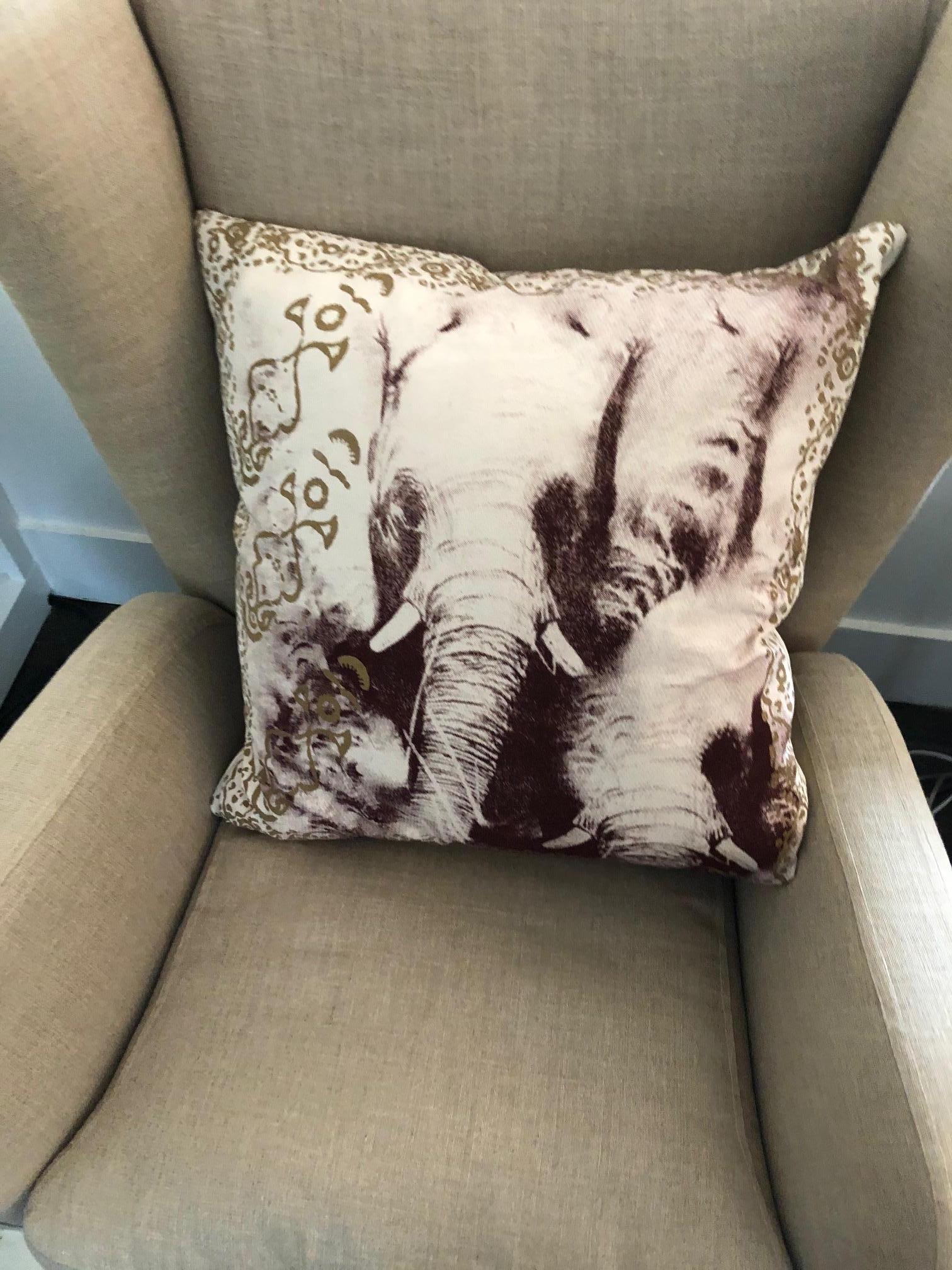 Modern Pair of Silk Screened Elephant Pillows For Sale