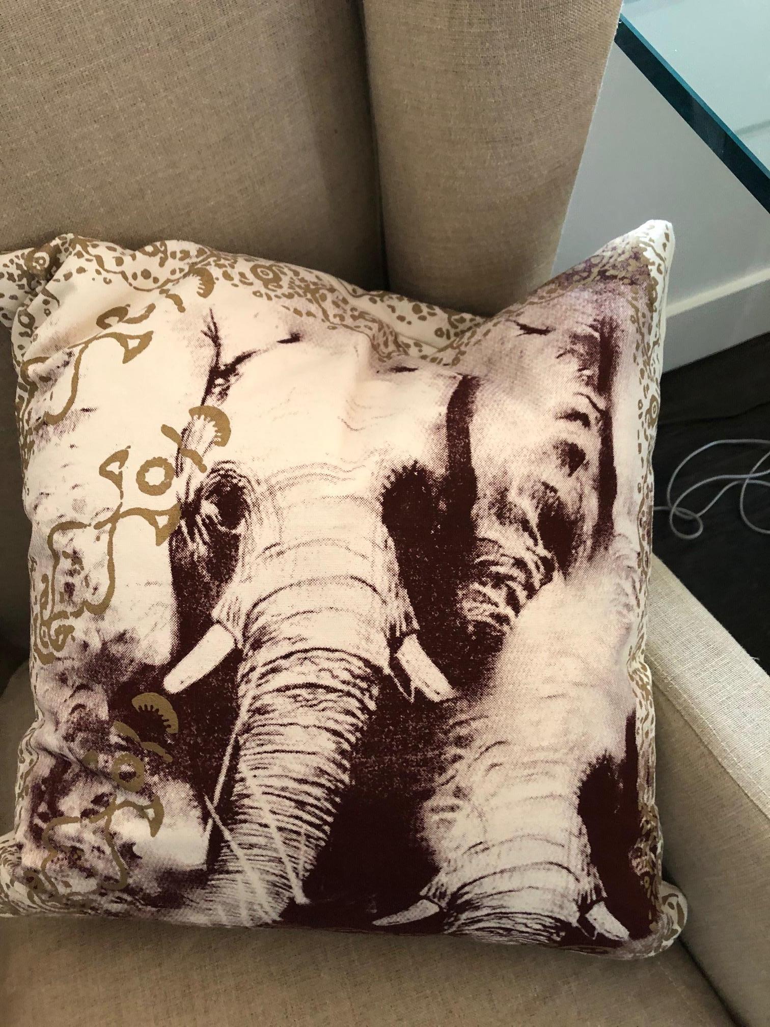 Hand-Crafted Pair of Silk Screened Elephant Pillows For Sale