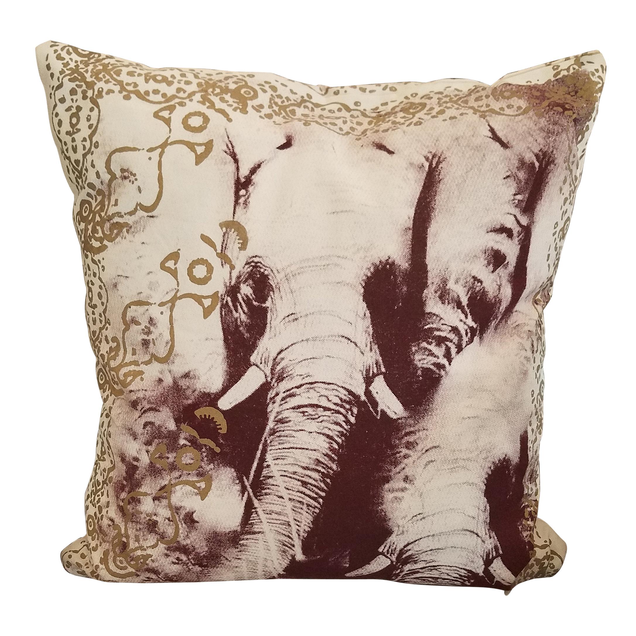 Pair of Silk Screened Elephant Pillows For Sale