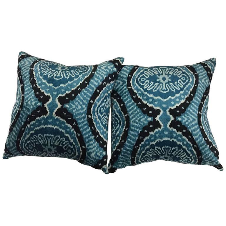 Pair of Silk Turquoise and Black Ikat Pillows For Sale
