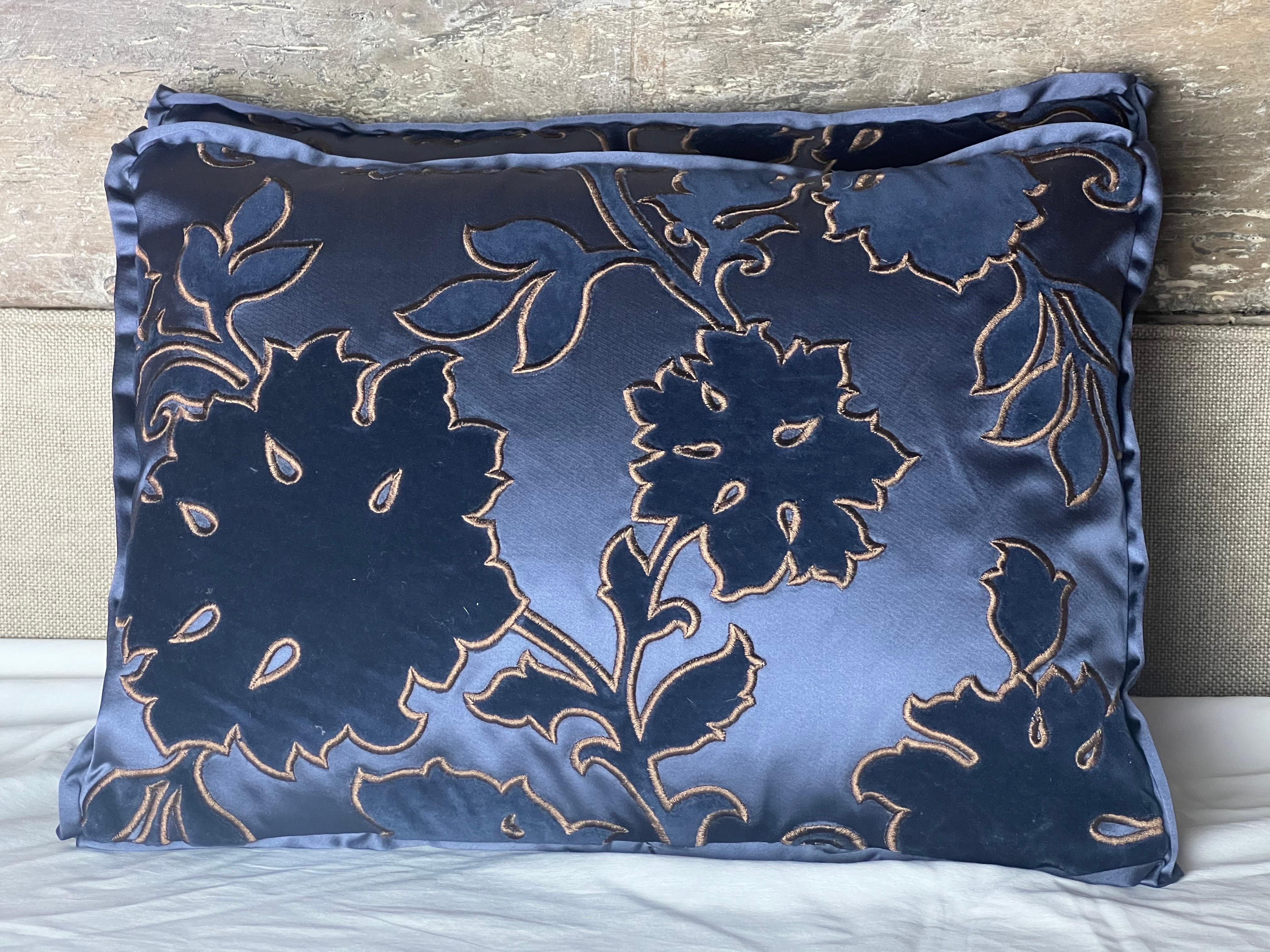 Custom pillows made with silk and velvet in beautiful shades of blues. Silk backs. Down inserts, zipper closures.