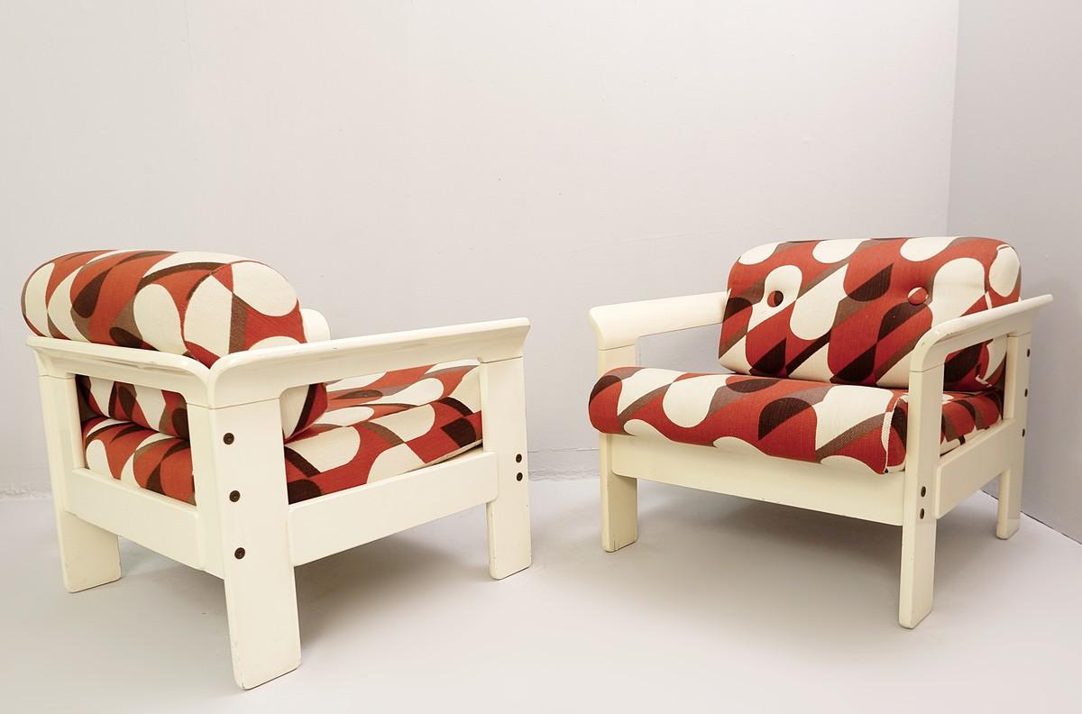 Paire de fauteuils Silvano Passi - Bois laqué crème - Tapisserie originale, années 1970.