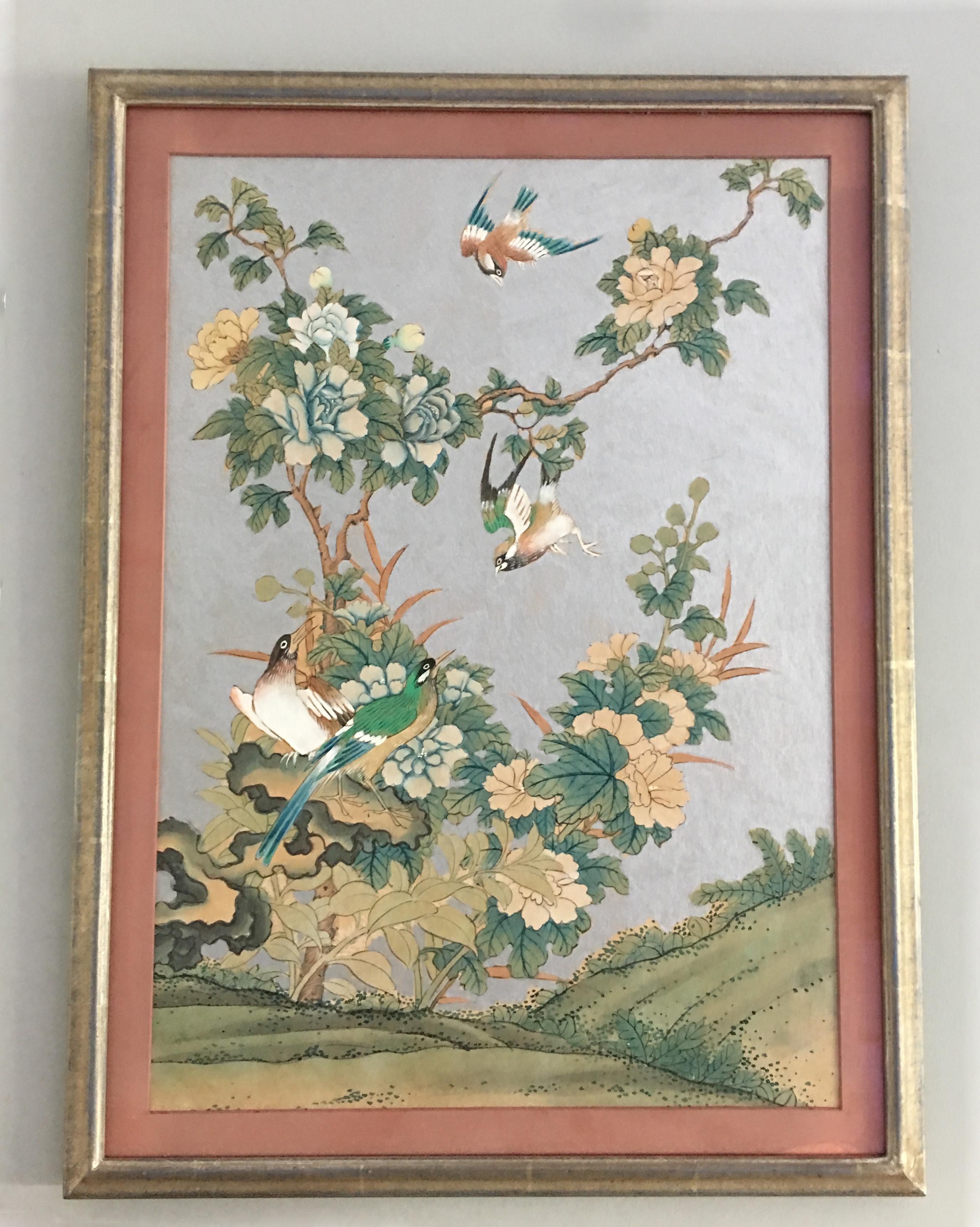 American Pair of Silver 1930s Chinoiserie Wallpaper Remnants Newly Framed