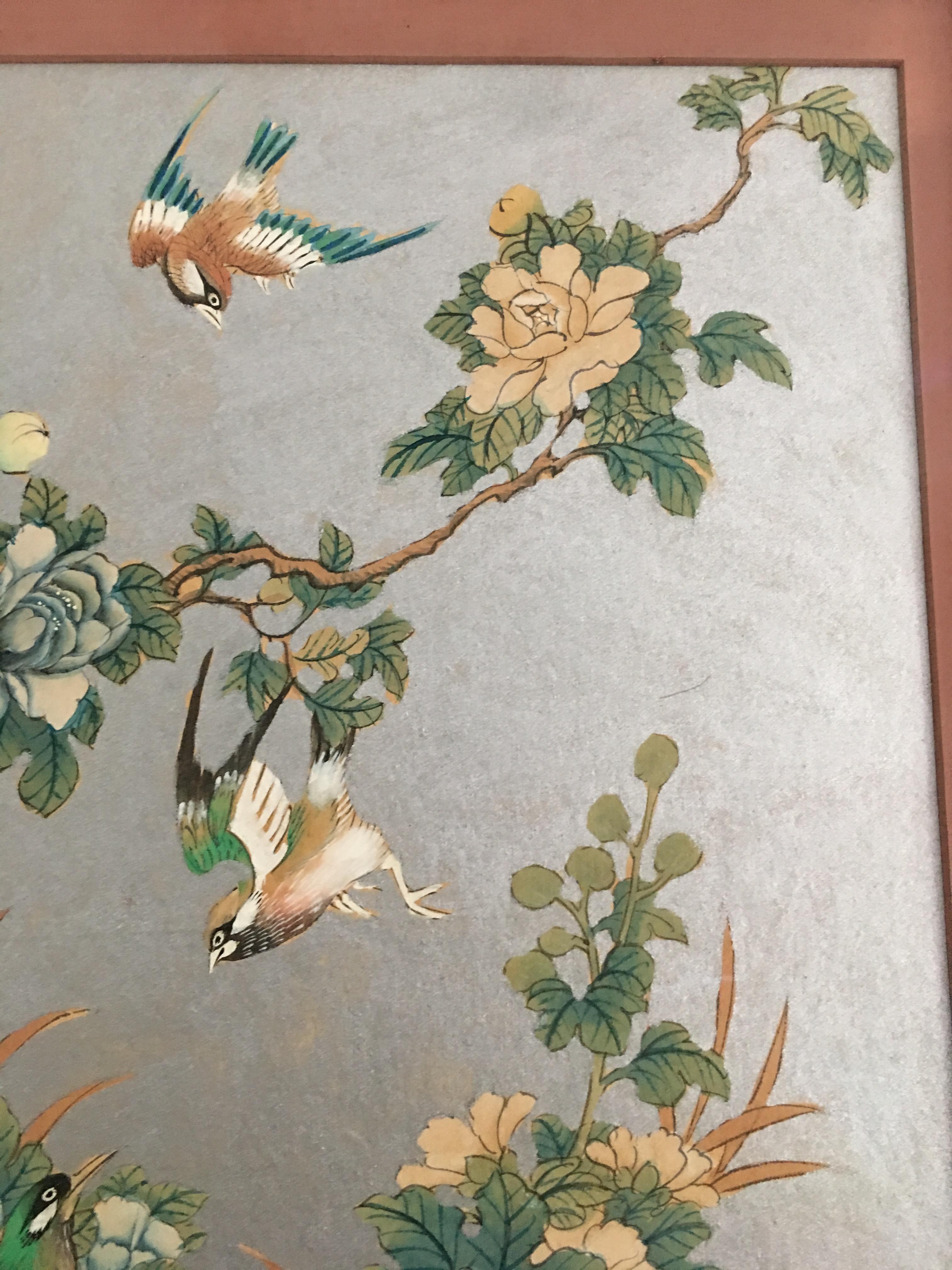 Silvered Pair of Silver 1930s Chinoiserie Wallpaper Remnants Newly Framed