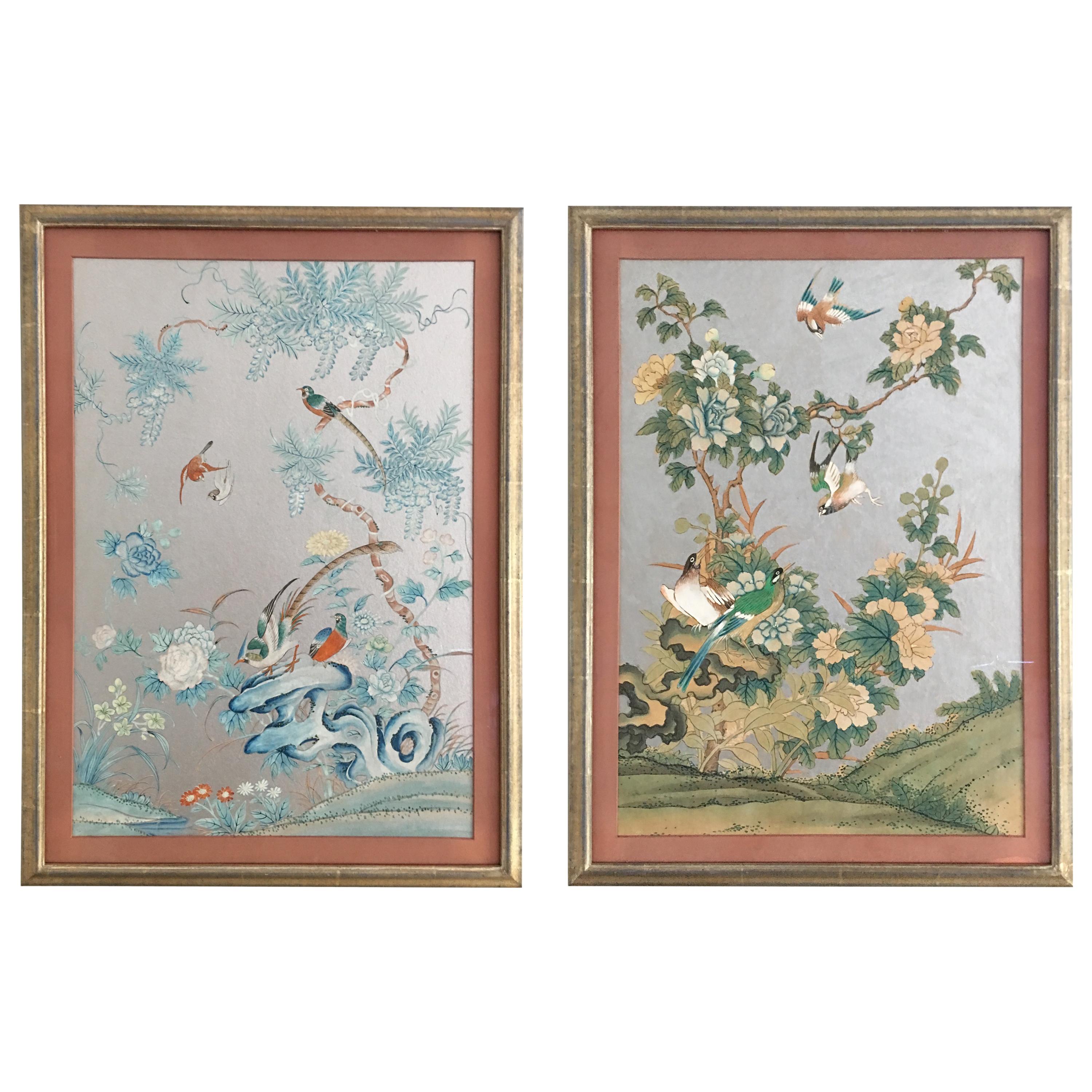 Pair of Silver 1930s Chinoiserie Wallpaper Remnants Newly Framed