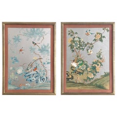 Vintage Pair of Silver 1930s Chinoiserie Wallpaper Remnants Newly Framed