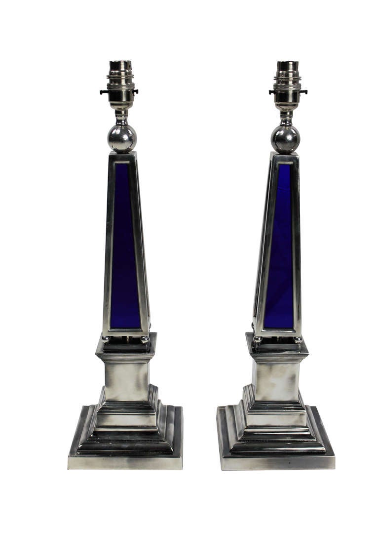 English Pair of Silver and Blue Glass Obelisk Lamps