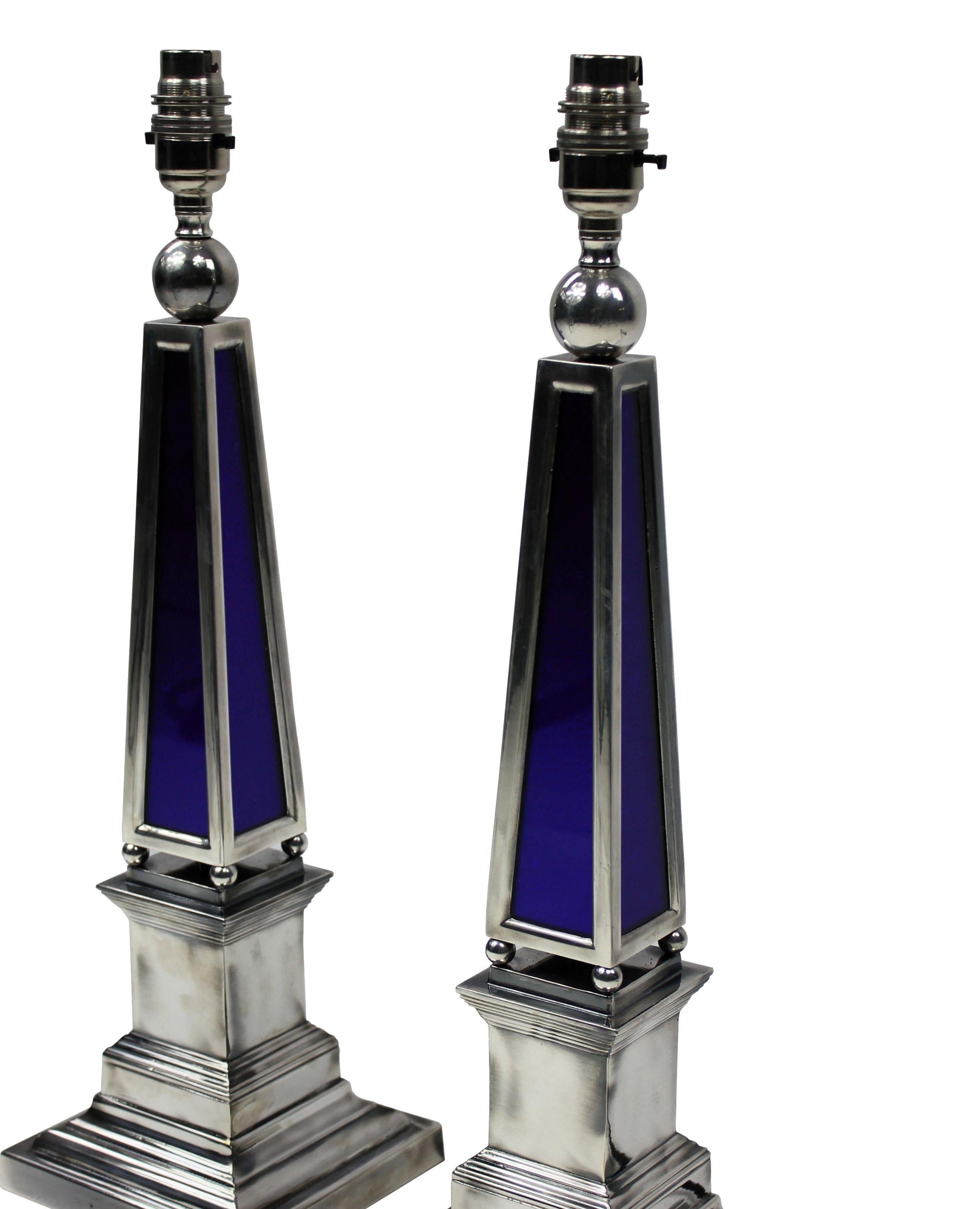Pair of Silver and Blue Glass Obelisk Lamps In Good Condition In Kent, Dover