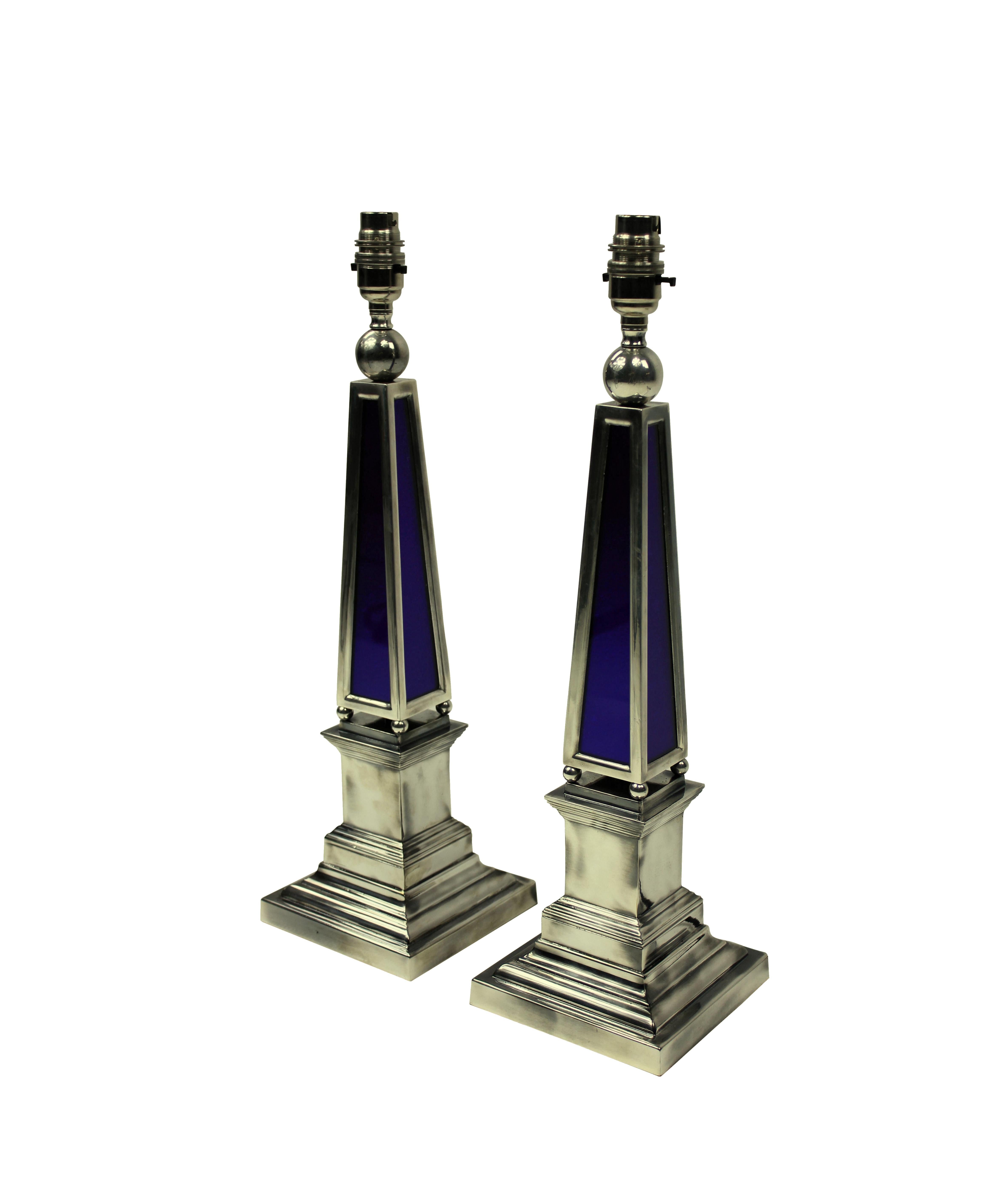 Contemporary Pair of Silver and Blue Glass Obelisk Lamps