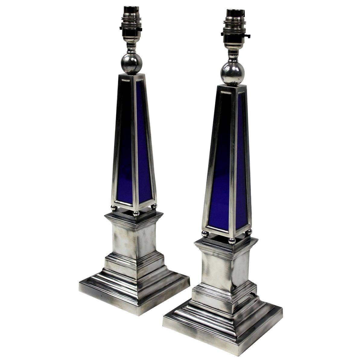 Pair of Silver and Blue Glass Obelisk Lamps