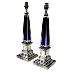 Pair of Silver and Blue Glass Obelisk Lamps