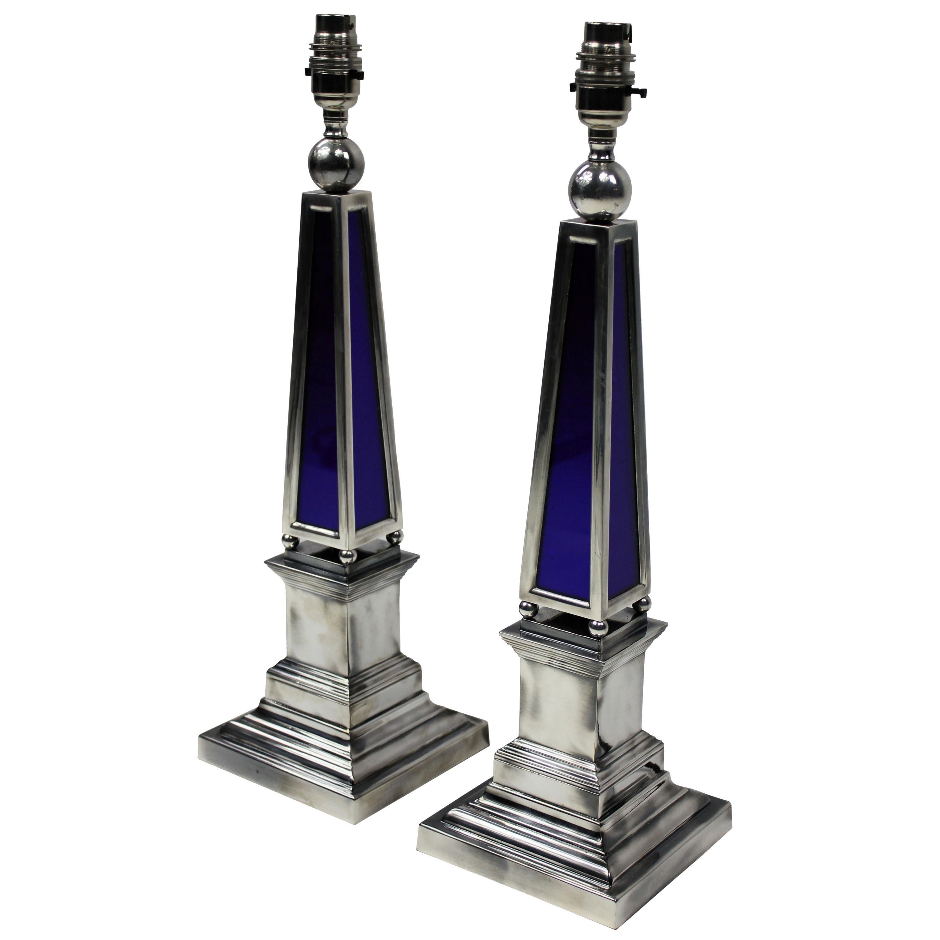 Pair of Silver and Blue Glass Obelisk Lamps