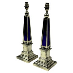 Pair of Silver and Blue Glass Obelisk Lamps