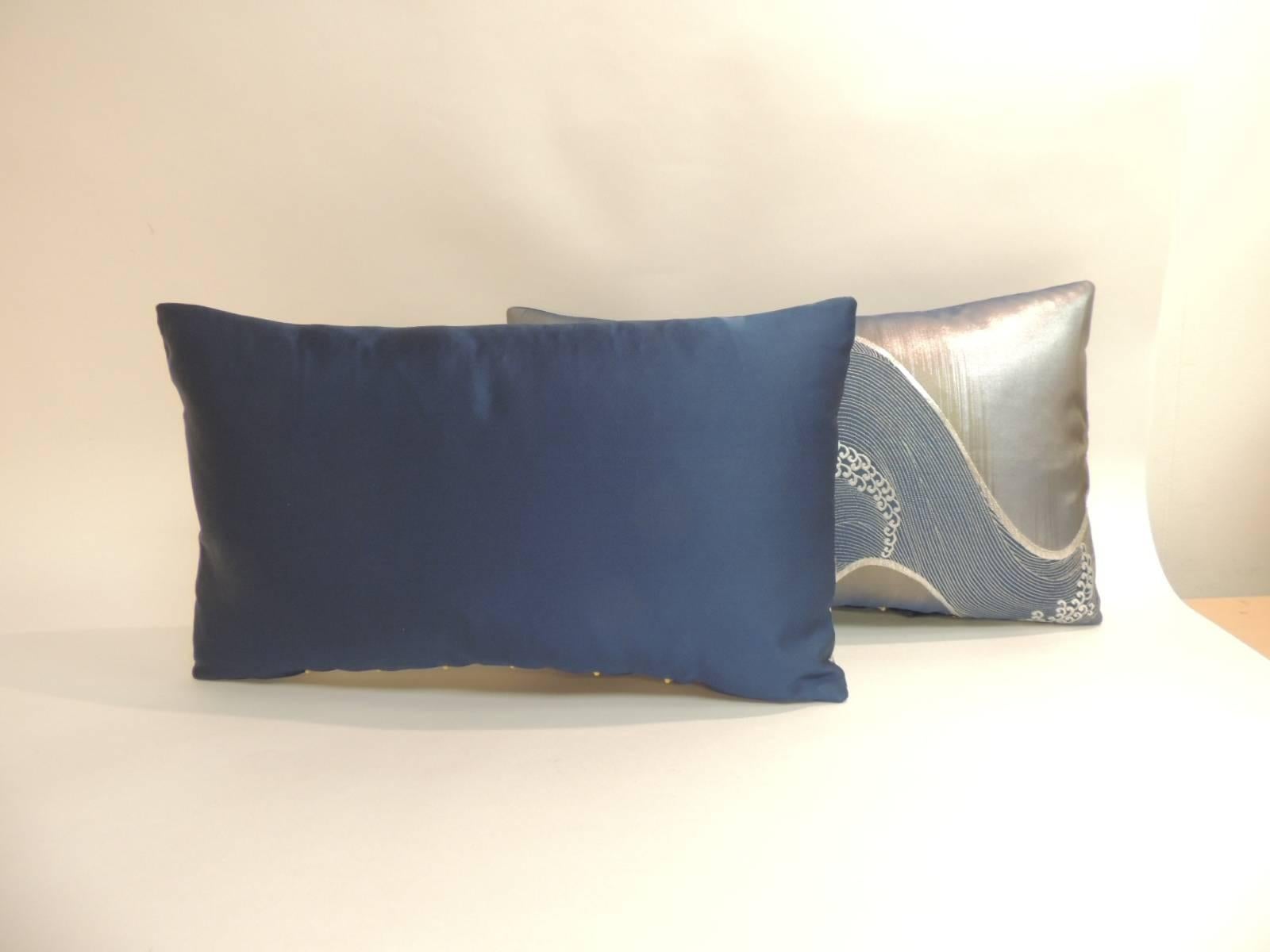 Japonisme Pair of Silver and Blue Obi Lumbar Decorative Pillows