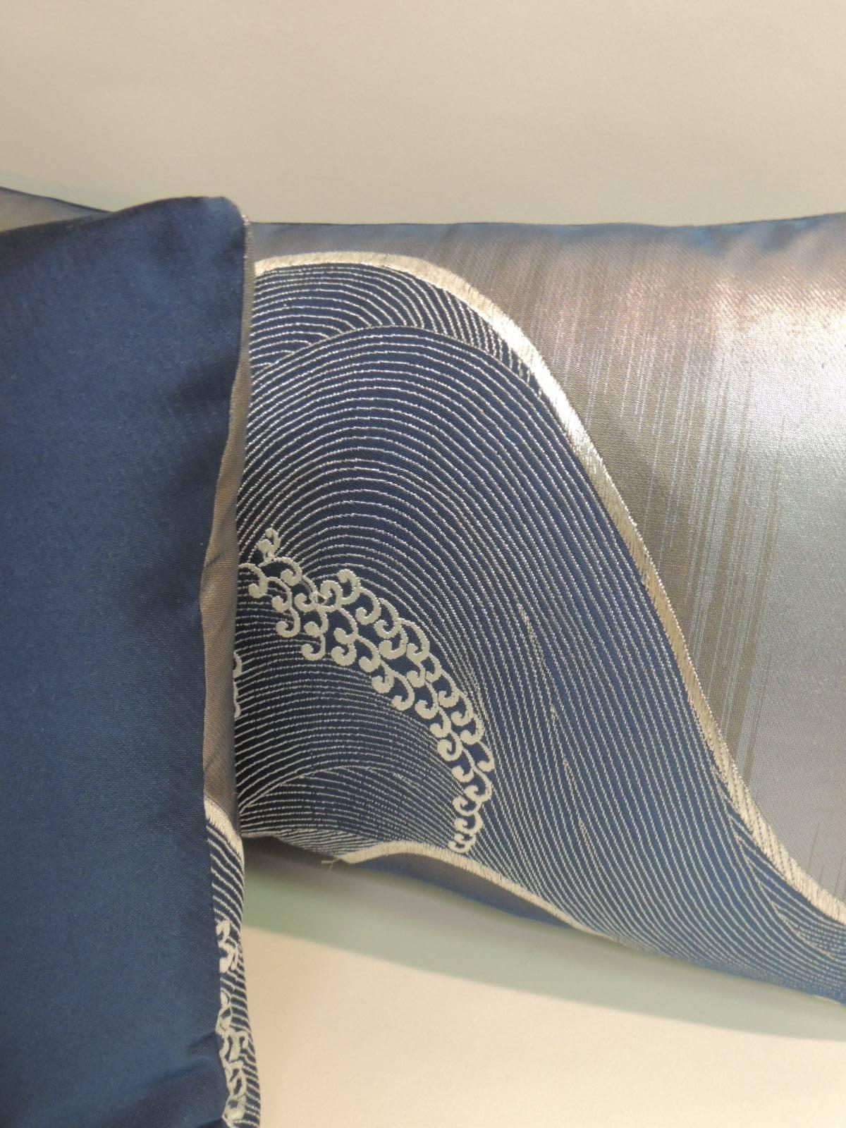 Japanese Pair of Silver and Blue Obi Lumbar Decorative Pillows
