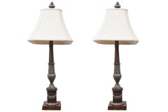 Pair of Silver and Bronze Gilded Decorative Resin Lamps with Square Shades