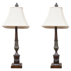 Pair of Silver and Bronze Gilded Decorative Resin Lamps with Square Shades