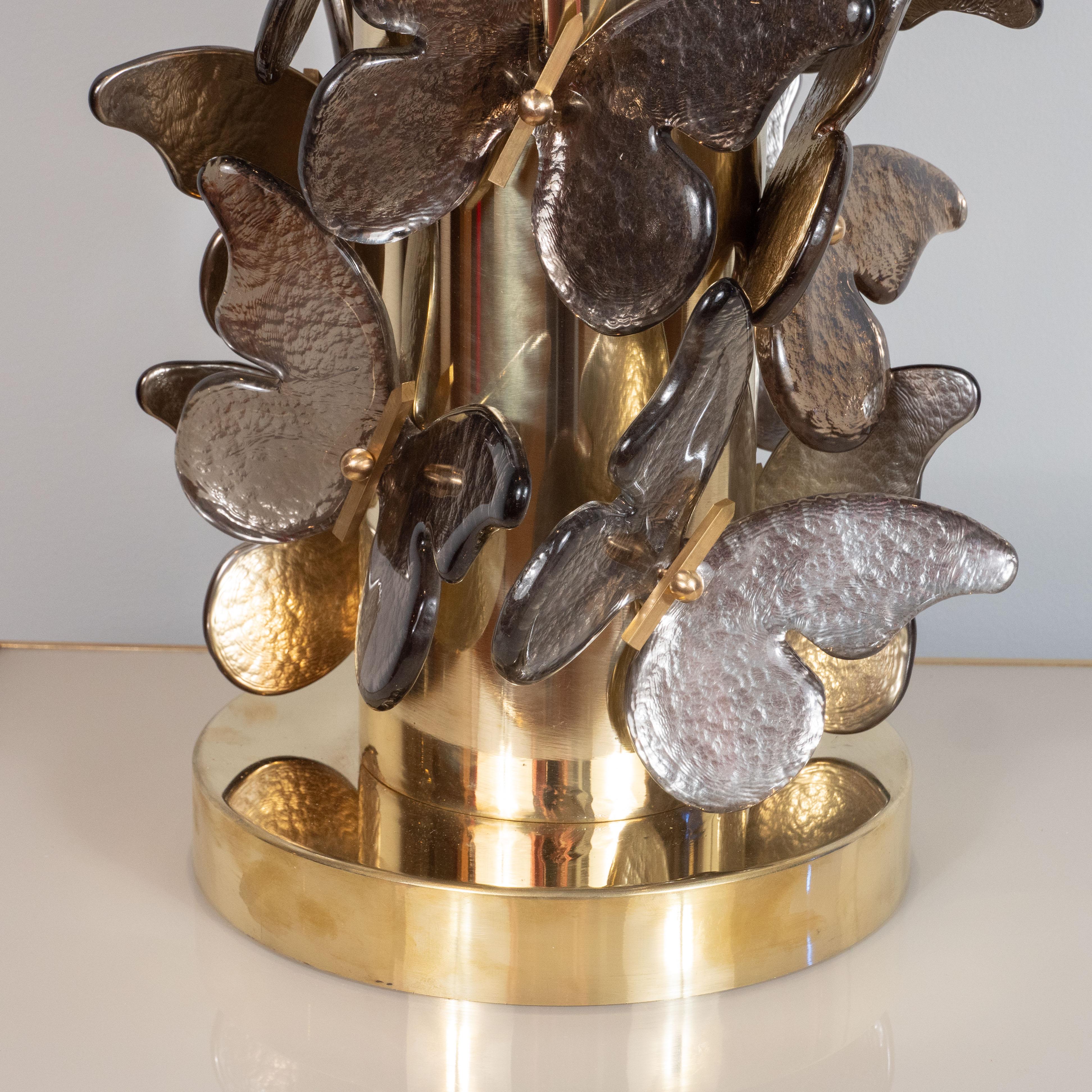Italian Pair of Silver and Bronze Metallic Murano Glass Butterfly Lamps, Italy, 2019