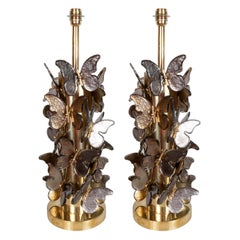 Pair of Silver and Bronze Metallic Murano Glass Butterfly Lamps, Italy, 2019
