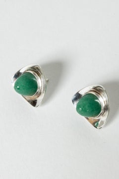 Pair of Silver and Chrysophrase Earrings by Elis Kauppi for Kupittaan Kulta
