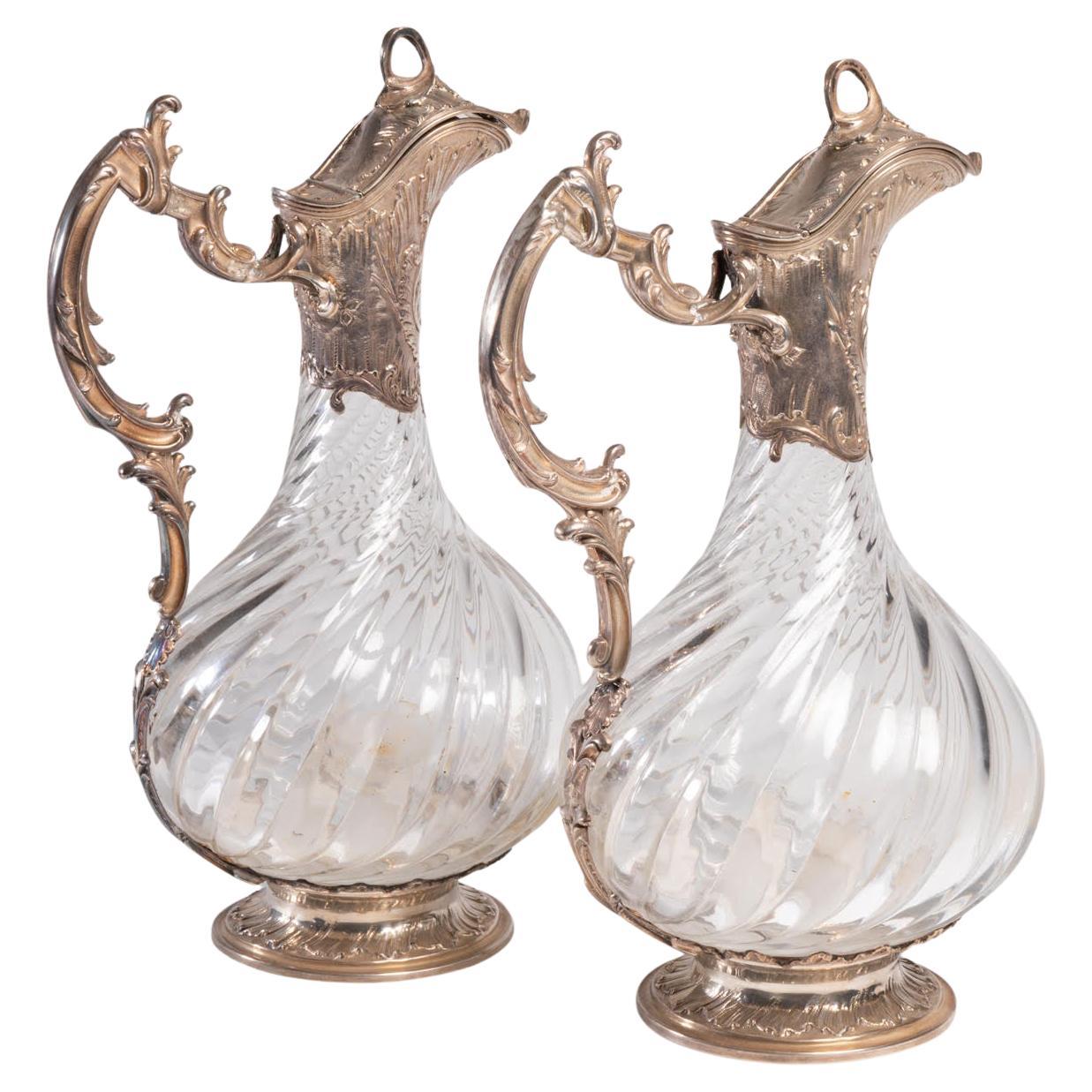 Pareja de Aguamaniles de Plata y Cristal, Siglo XIX, Época de Napoleón III.