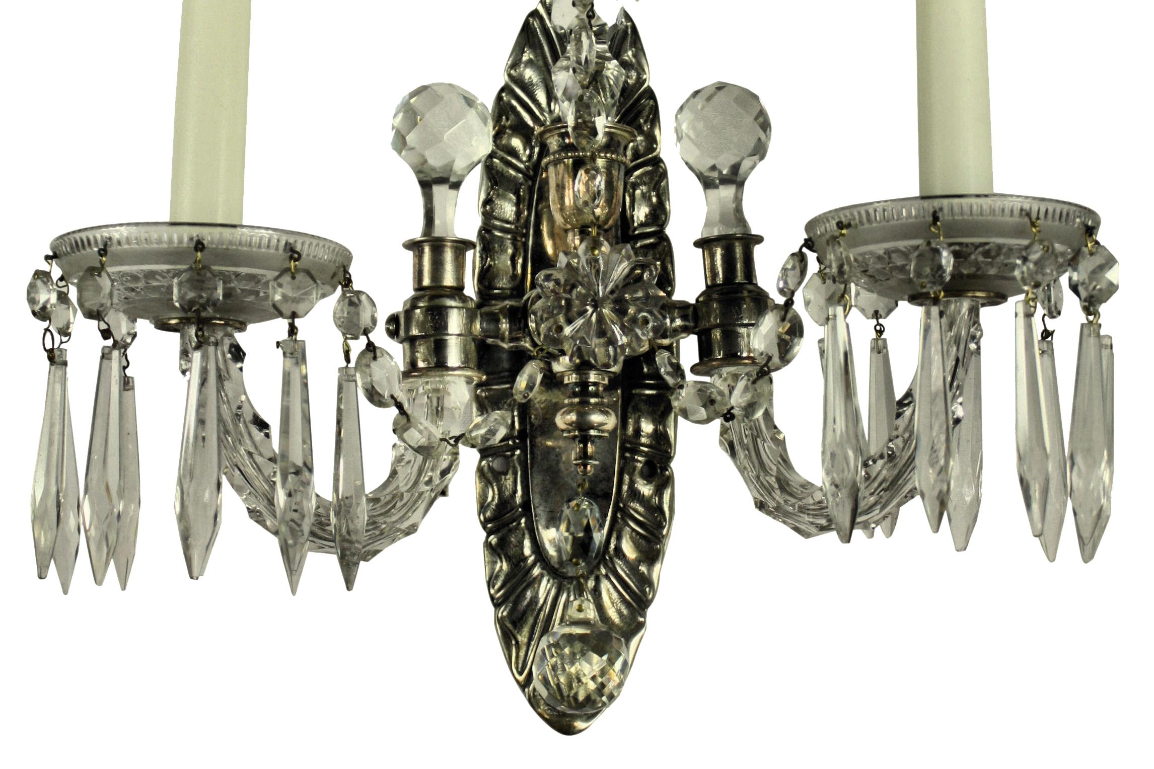 English Pair of Silver and Cut Glass Wall Lights For Sale
