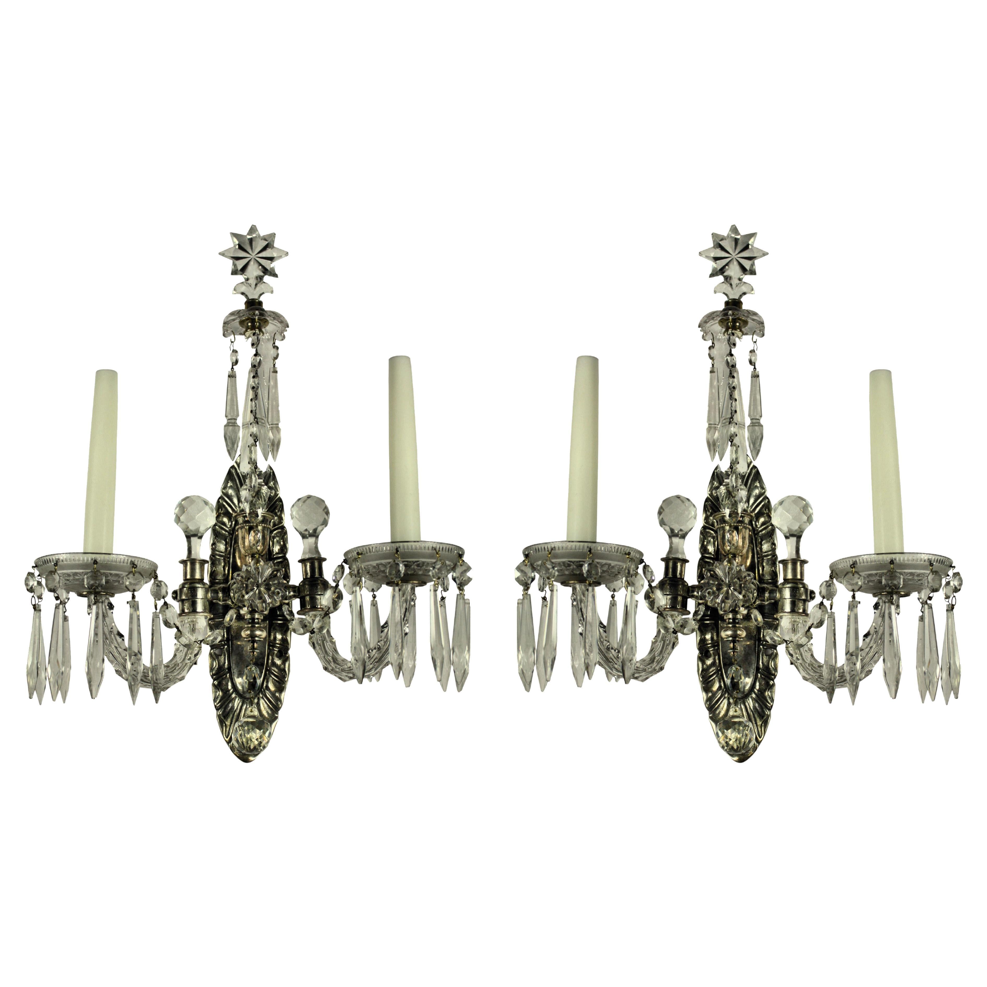 Pair of Silver and Cut Glass Wall Lights For Sale