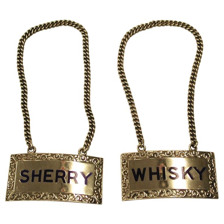 Pair of Silver and Enameled Sherry and Whisky Labels, Dated 1961, Birmingham