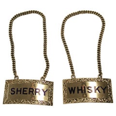 Retro Pair of Silver and Enameled Sherry and Whisky Labels, Dated 1961, Birmingham