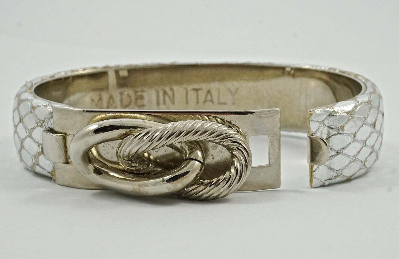 Pair of Silver and Grey Leather Lizard Design Bangle Bracelets Made in Italy In Good Condition For Sale In London, GB