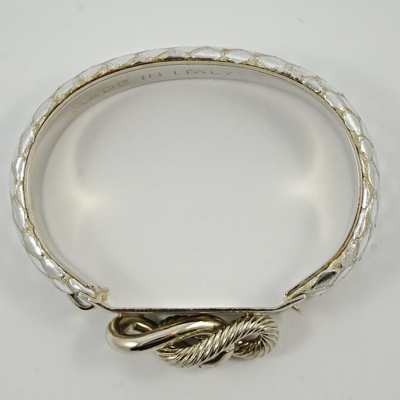 Women's or Men's Pair of Silver and Grey Leather Lizard Design Bangle Bracelets Made in Italy