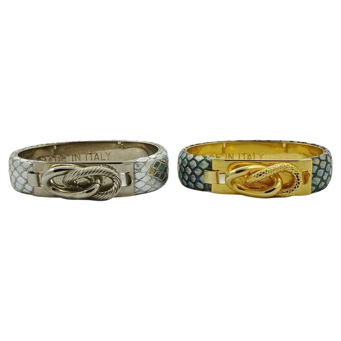 Pair of Silver and Grey Leather Lizard Design Bangle Bracelets Made in Italy