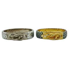 Pair of Silver and Grey Leather Lizard Design Bangle Bracelets Made in Italy