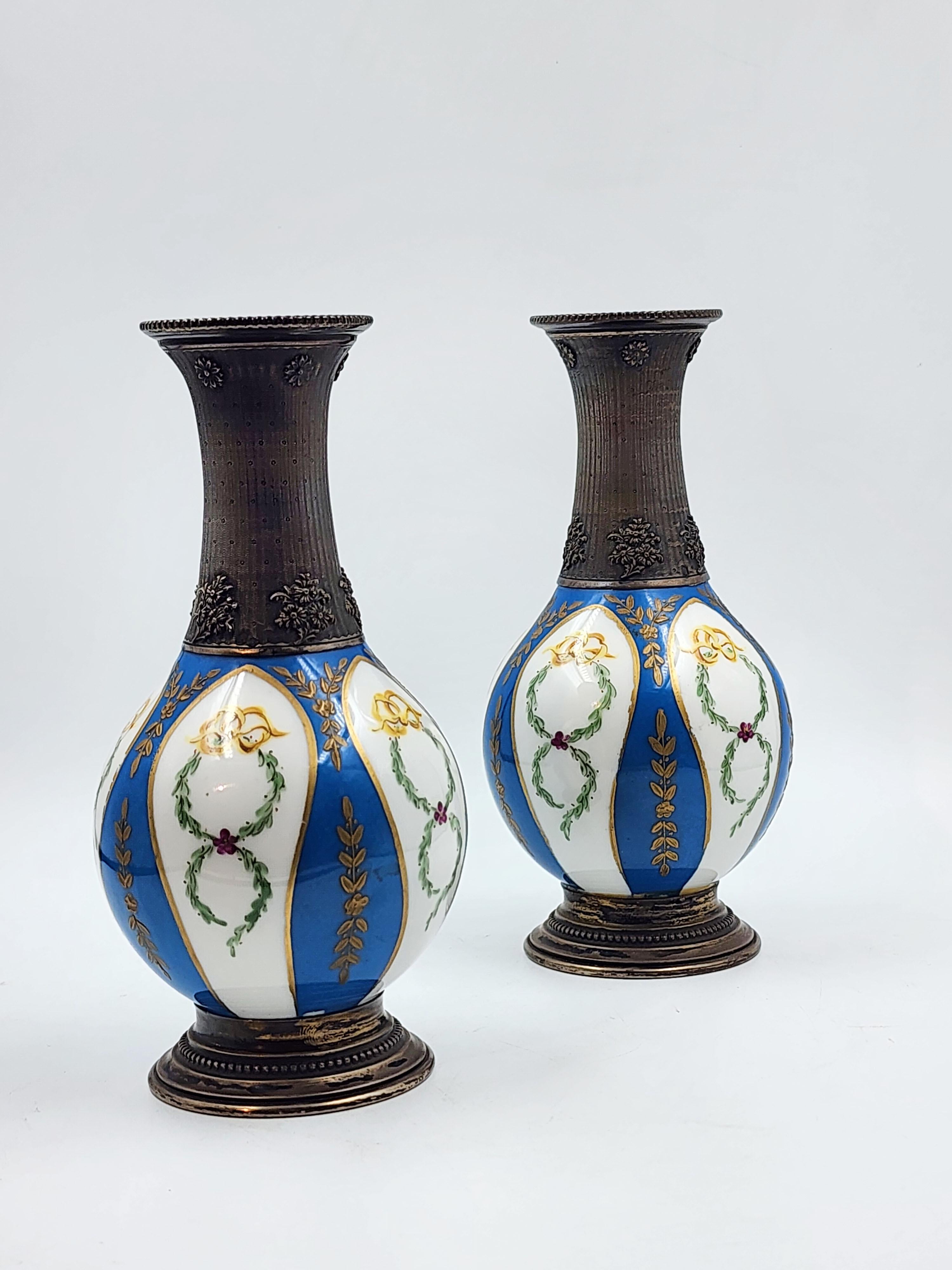 Napoleon III Pair of silver and porcelain sevres vases, 19th century For Sale
