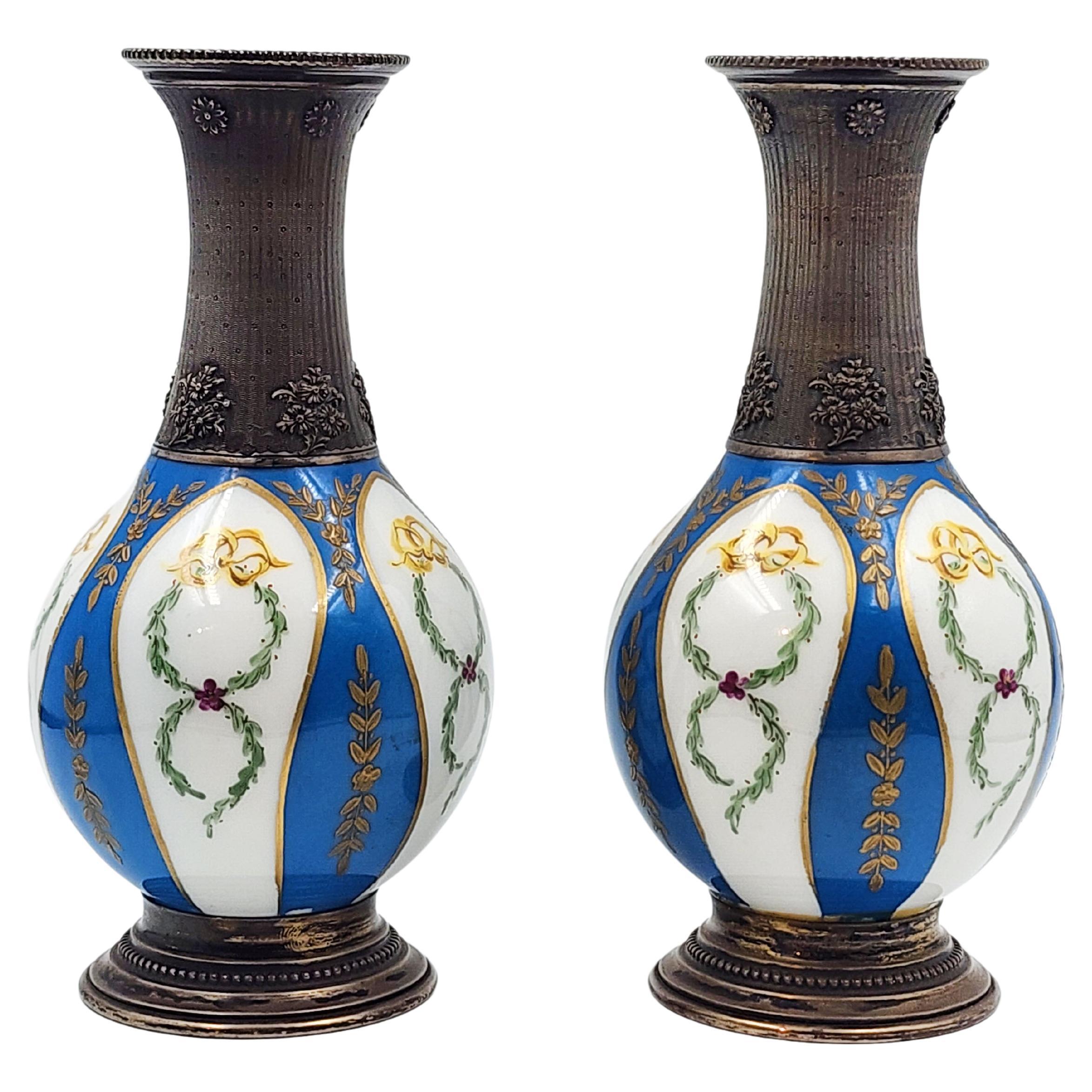 Pair of silver and porcelain sevres vases, 19th century For Sale