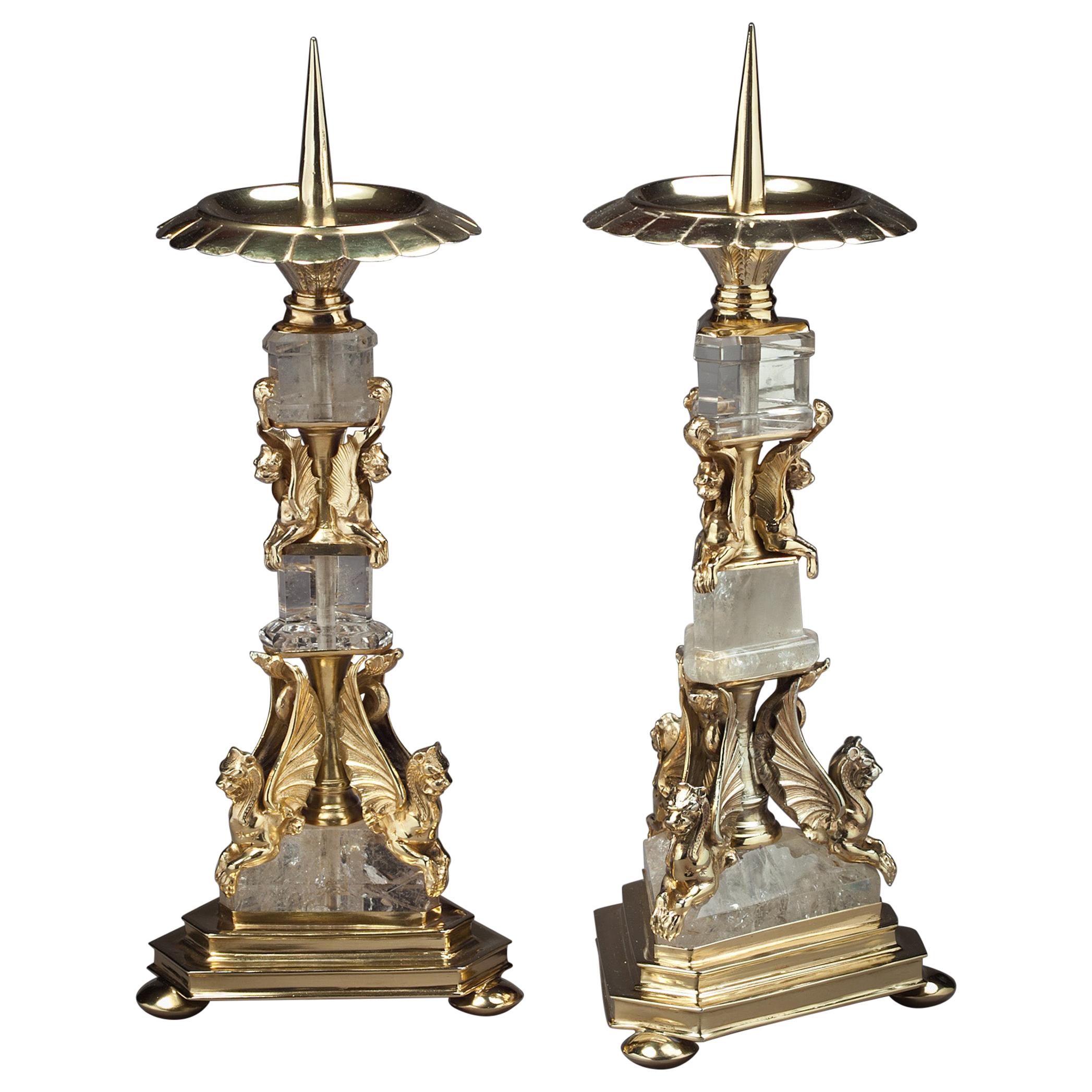 Pair of Silver and Rock Crystal Pricket Candlesticks, Continental, circa 1840