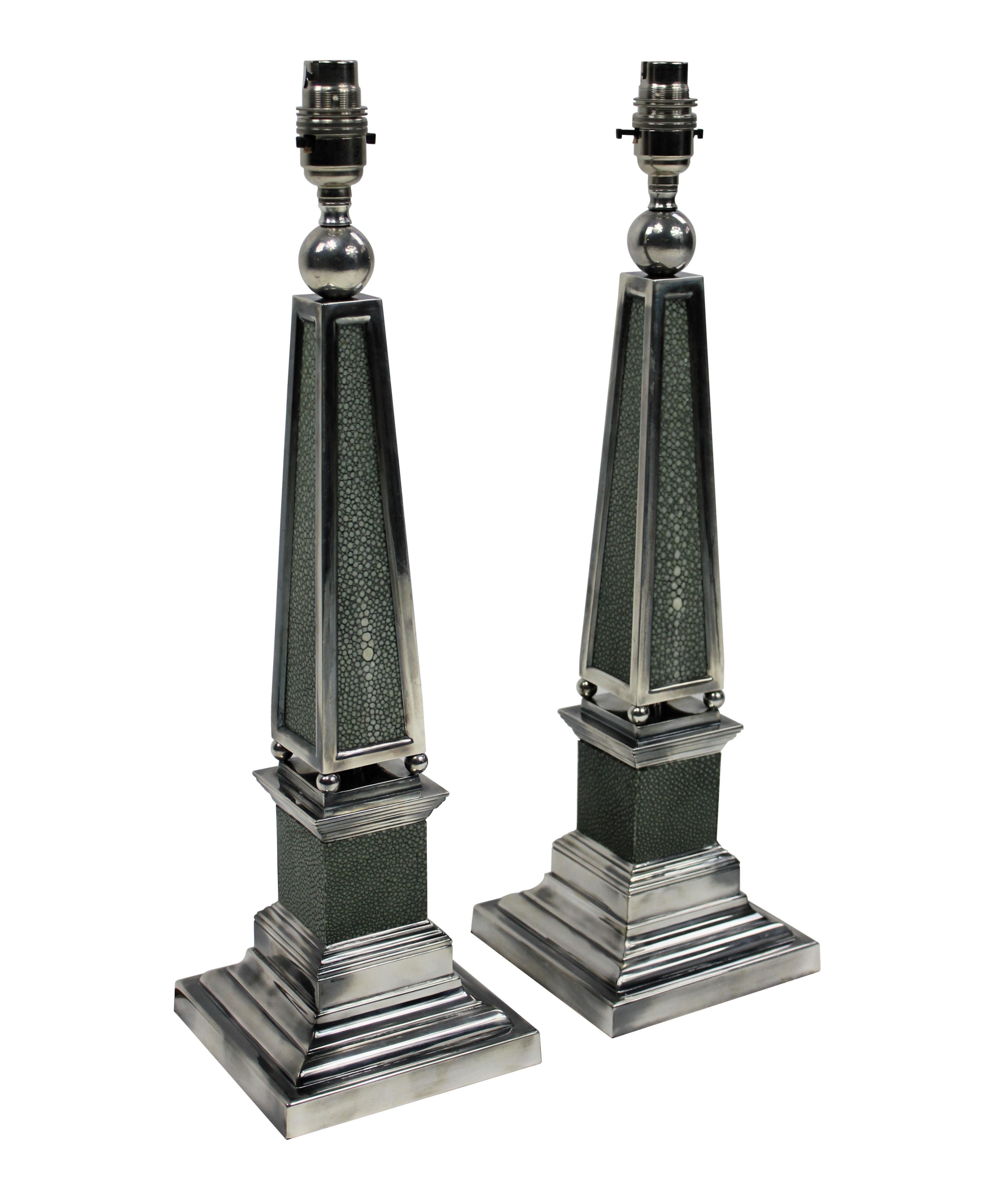 English Pair of Silver and Shagreen Obelisk Lamps